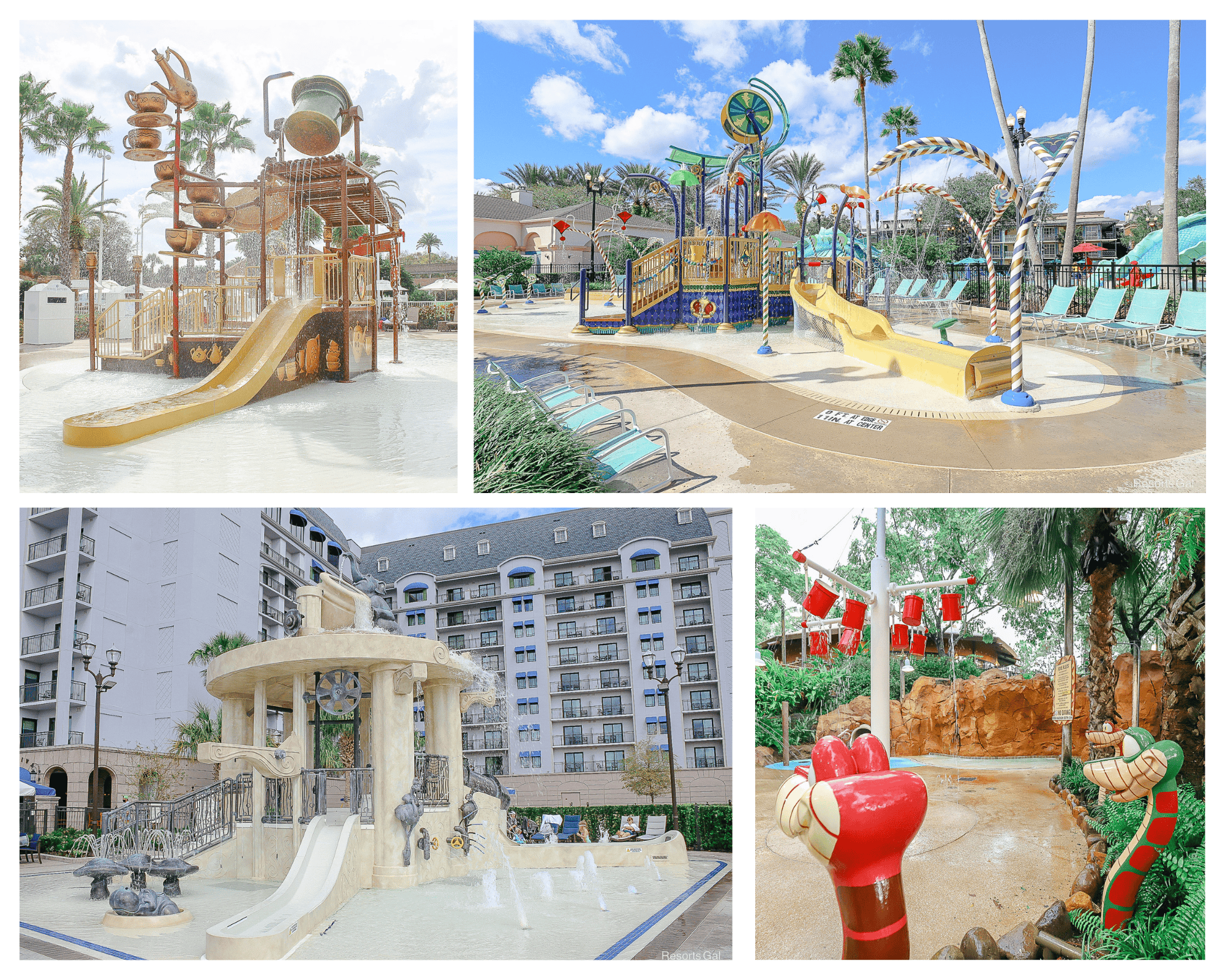 collage image of splash pads at the Disney Resort Hotels