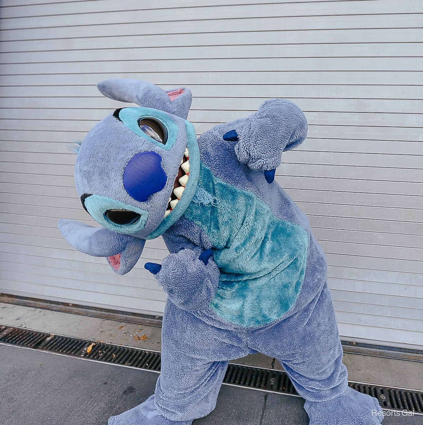 Stitch poses sideways for the camera at Magic Kingdom. 