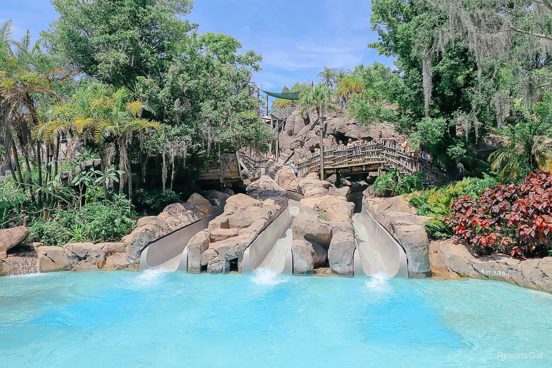 the Storms Slides exiting into the bottom of the pool at Typhoon Lagoon 