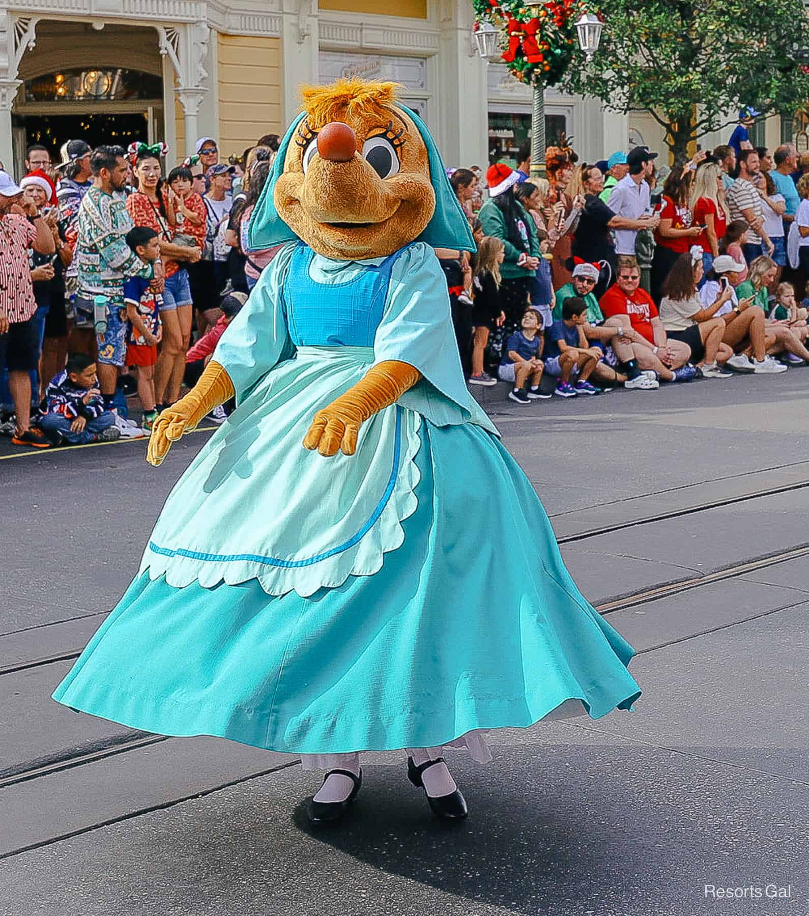 Suzy in her blue and turquoise dress. 