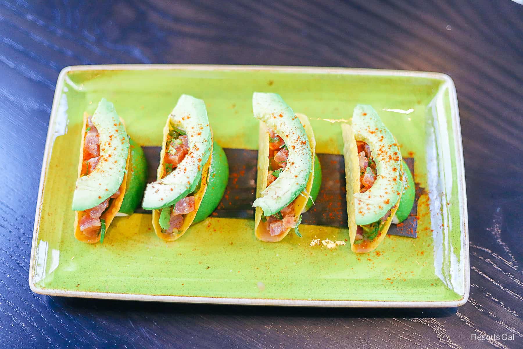 a plate with four tacos from Rosa Mexicano, a restaurant at the Disney Swan and Dolphin Hotels 