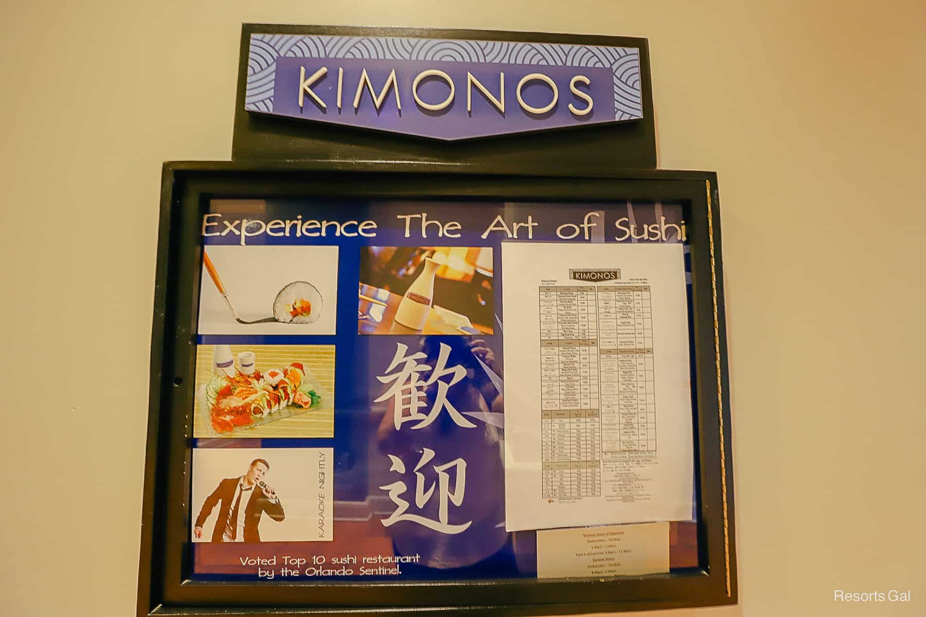 Kimonos sushi sign posted outside the restaurant at the Swan 