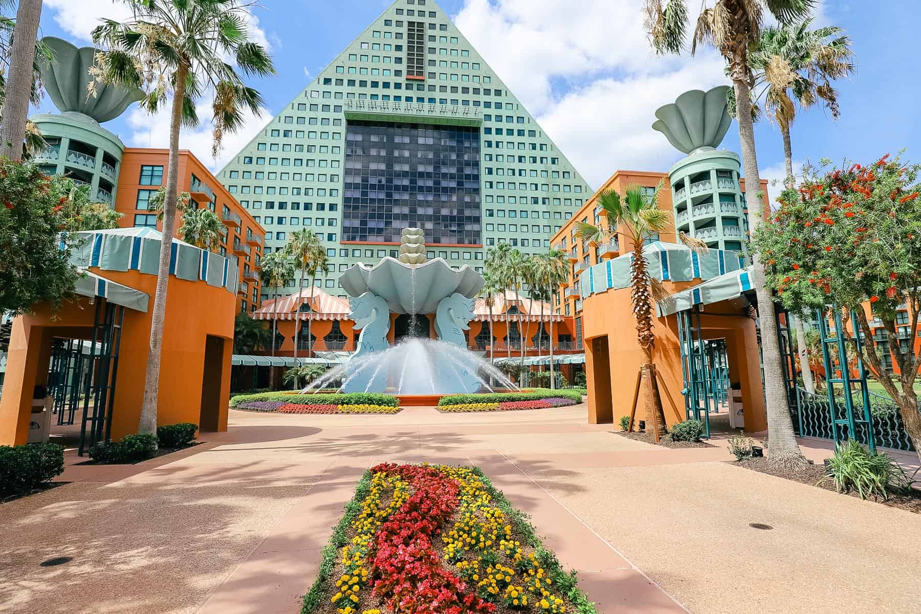 Disney's Dolphin Hotel with landscaping and fountain 