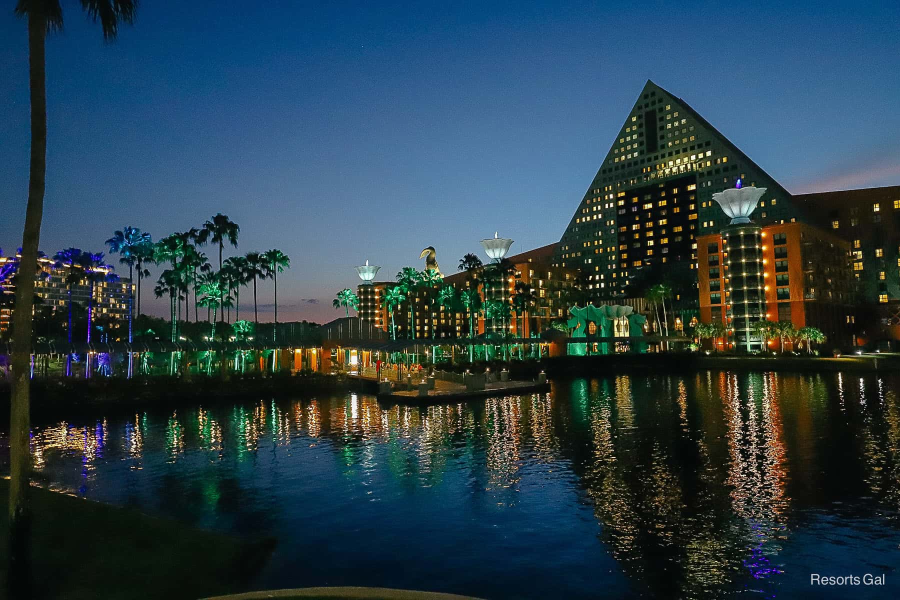 a view of the dancing lights at Swan and Dolphin from the bridge 