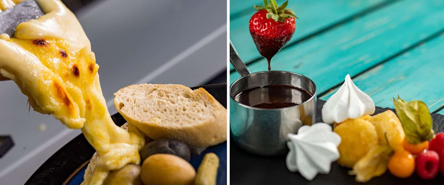 the Alps menu items with white cheese and chocolate fondue 