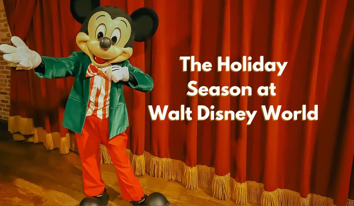 The Holiday Season at Walt Disney World with Mickey Mouse in holiday suit and tie