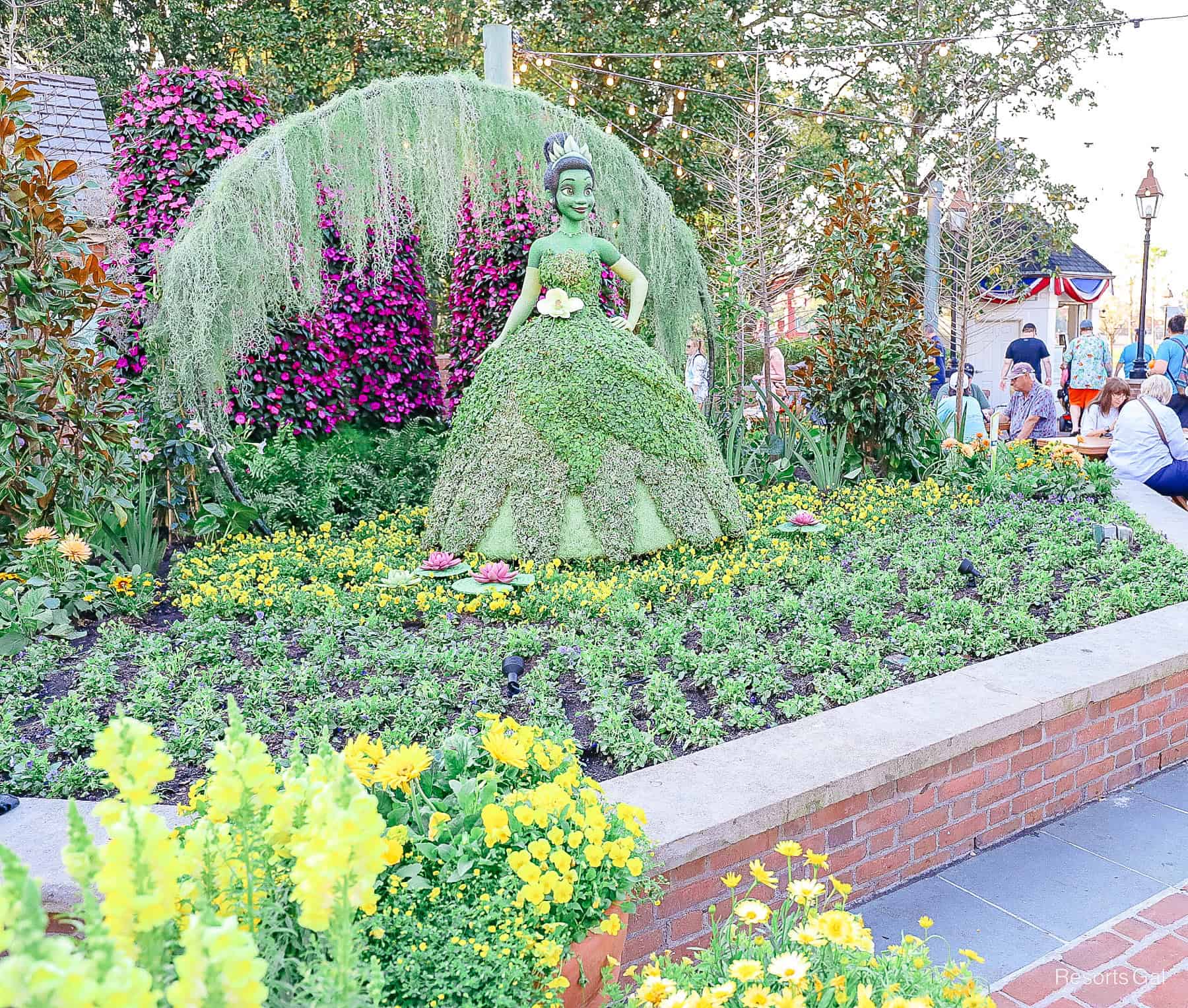 an angle view taken from the left side of Princess Tiana topiary 