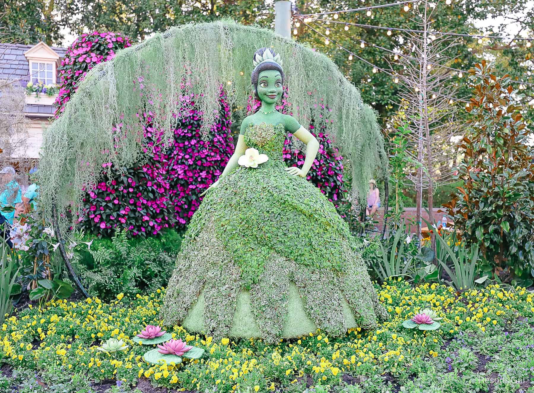 The Princess and the Frog Topiary of Princess Tiana debuts at Epcot in 2023.