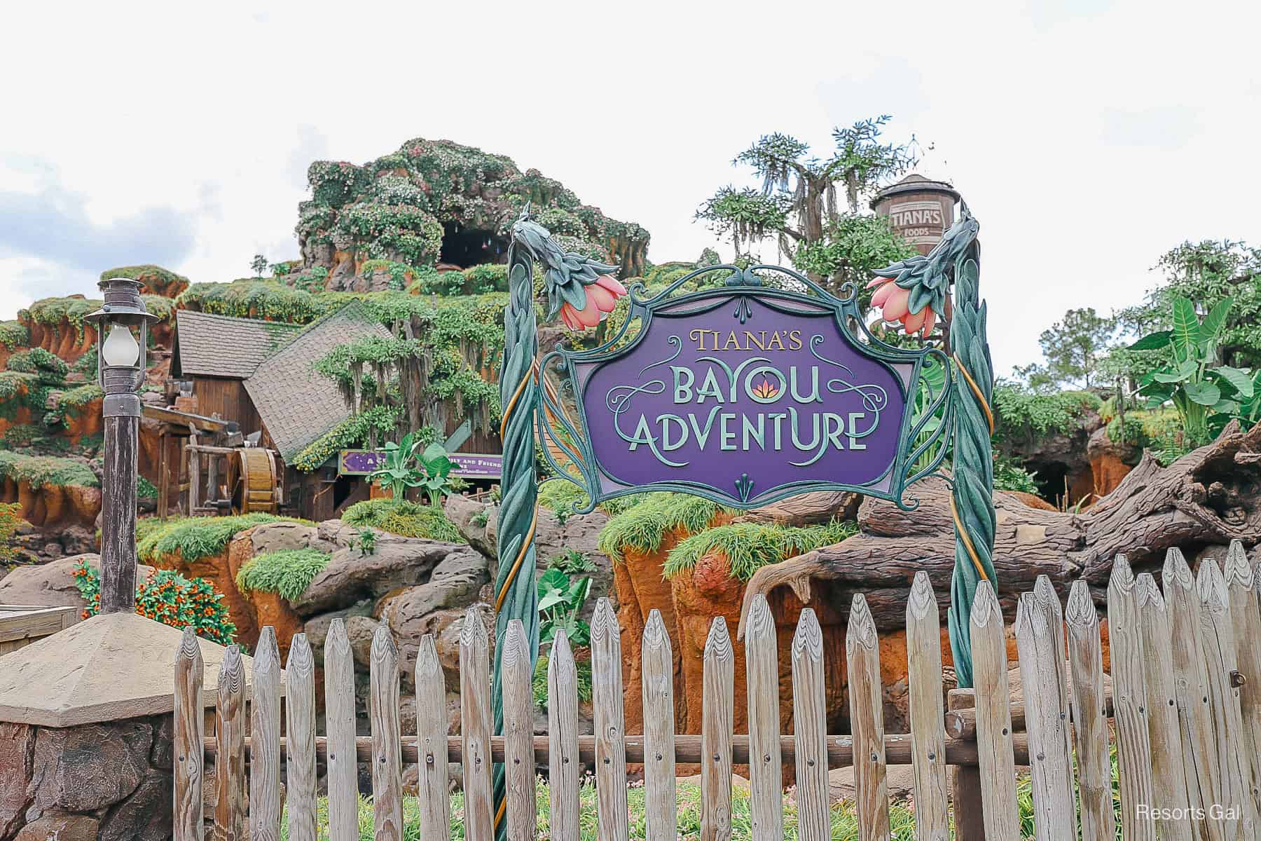 a sign in front of Tiana's Bayou Adventure 