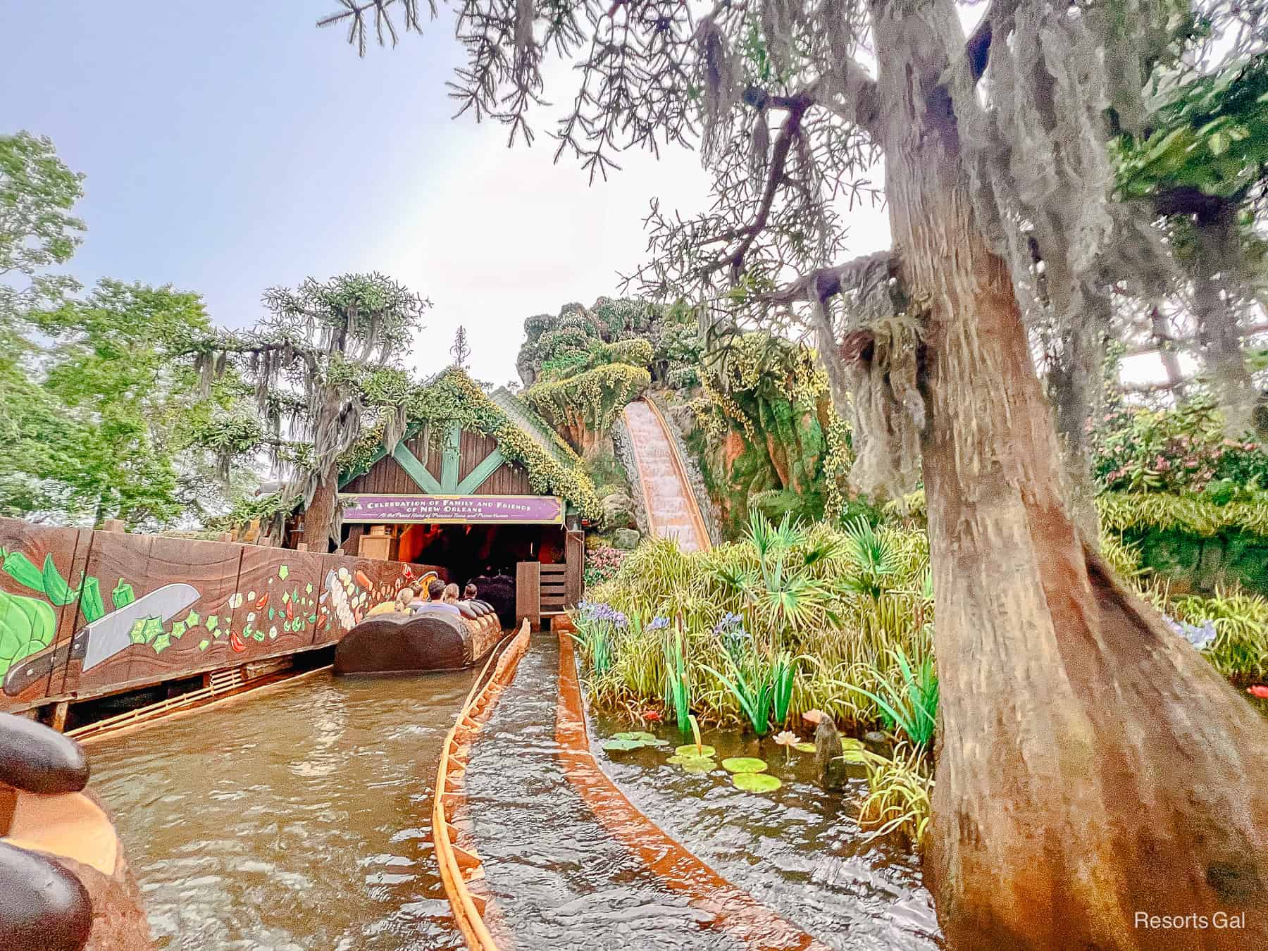 the initial ride where you see guests coming down the flume to your right as you enter the bayou on the logs 