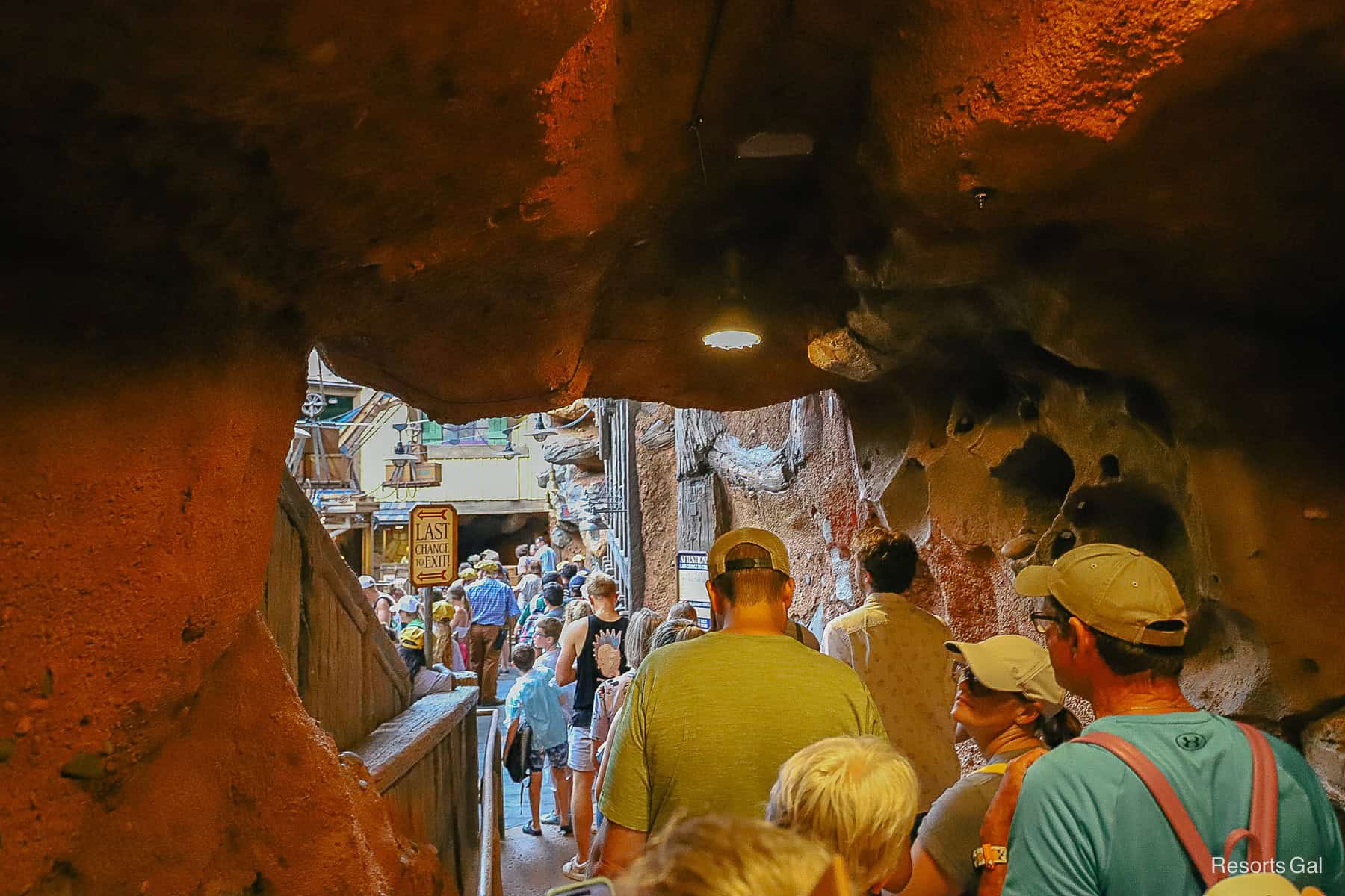 guests waiting at the last chance area to board a log at Tiana's Bayou Adventure 
