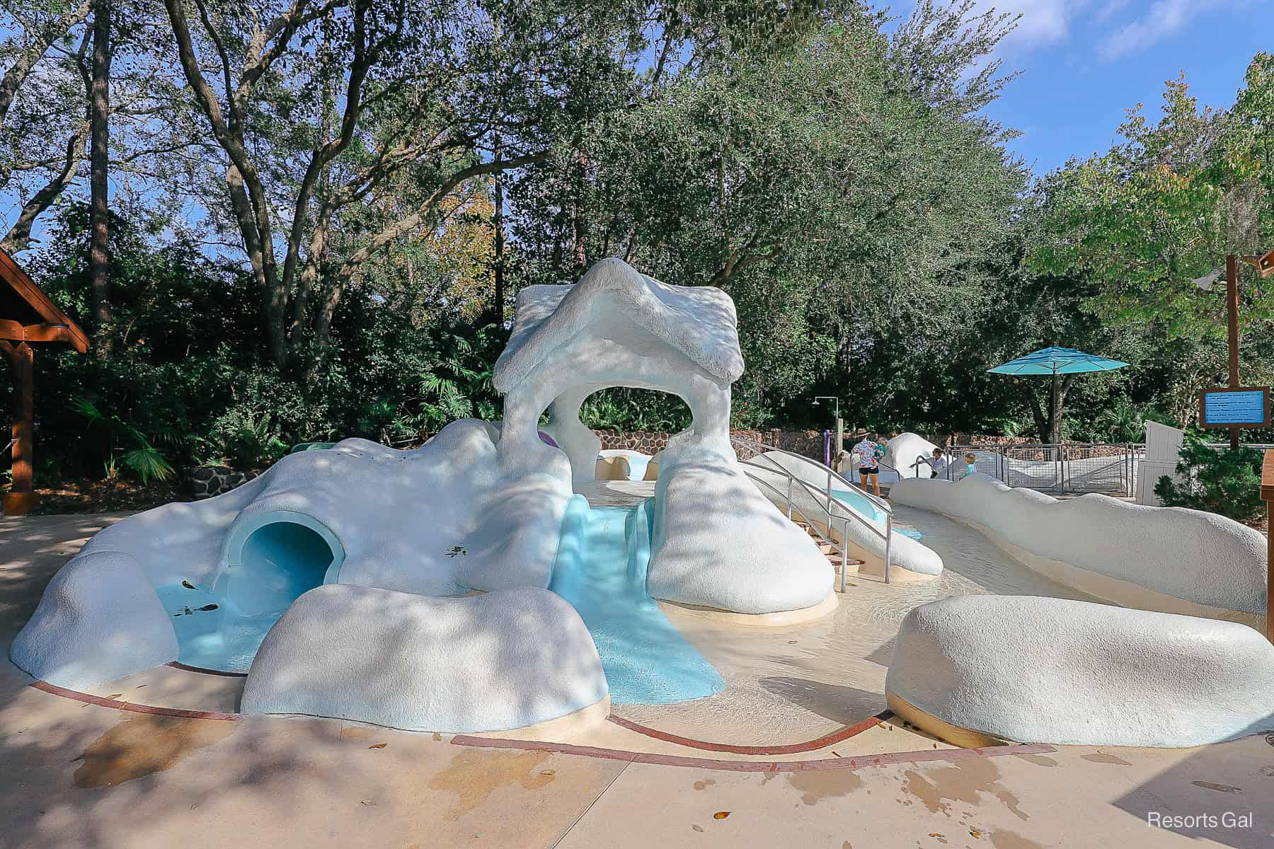 a side angle of slides for toddlers at Blizzard Beach 