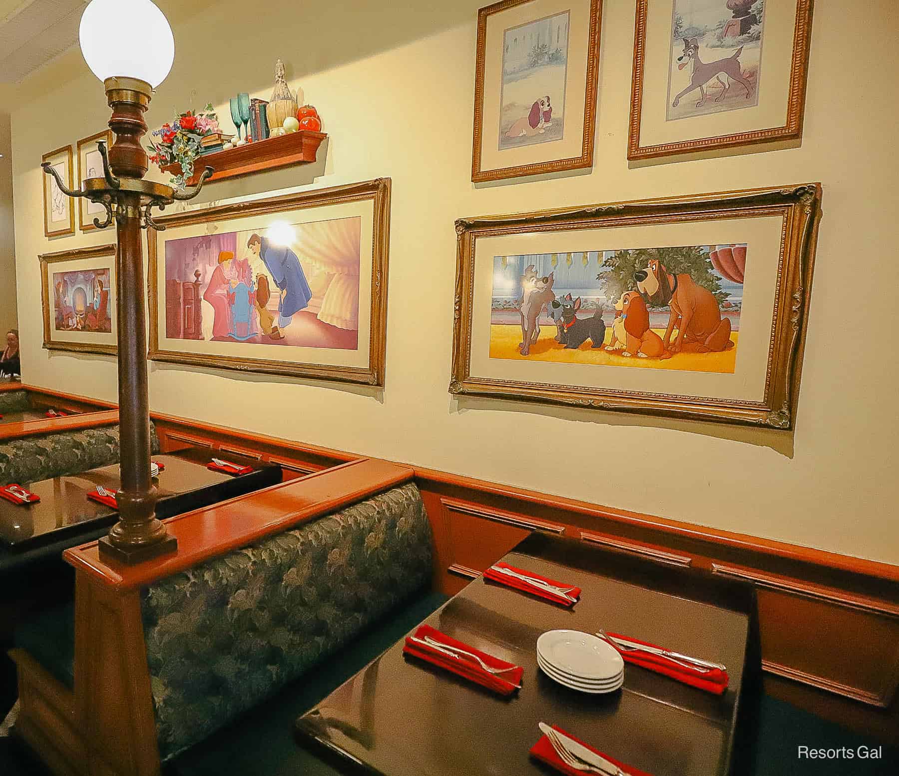 artwork featuring Lady and the Tramp adorns the walls of Tony's Town Square Restaurant 