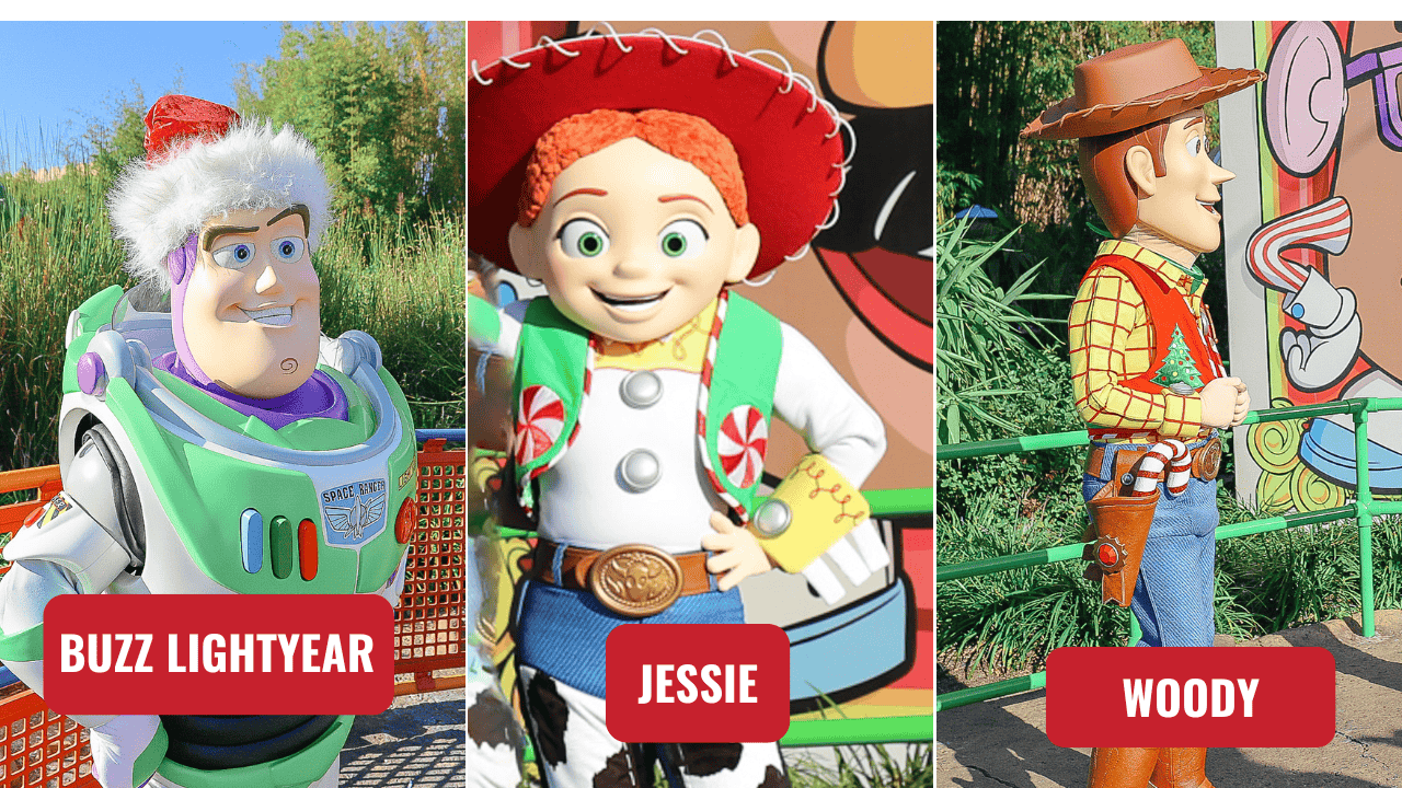 a collage of all three Toy Story Characters in Christmas costume at Disney's Hollywood Studios 