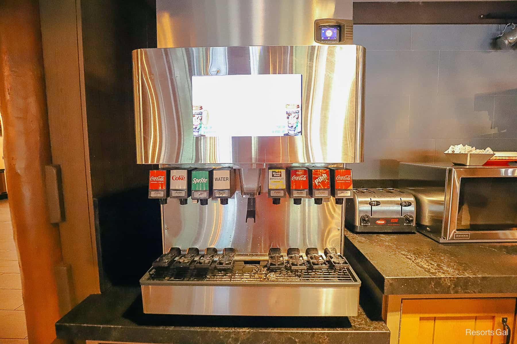 a soda refill area in Trail's End Restaurant at Fort Wilderness