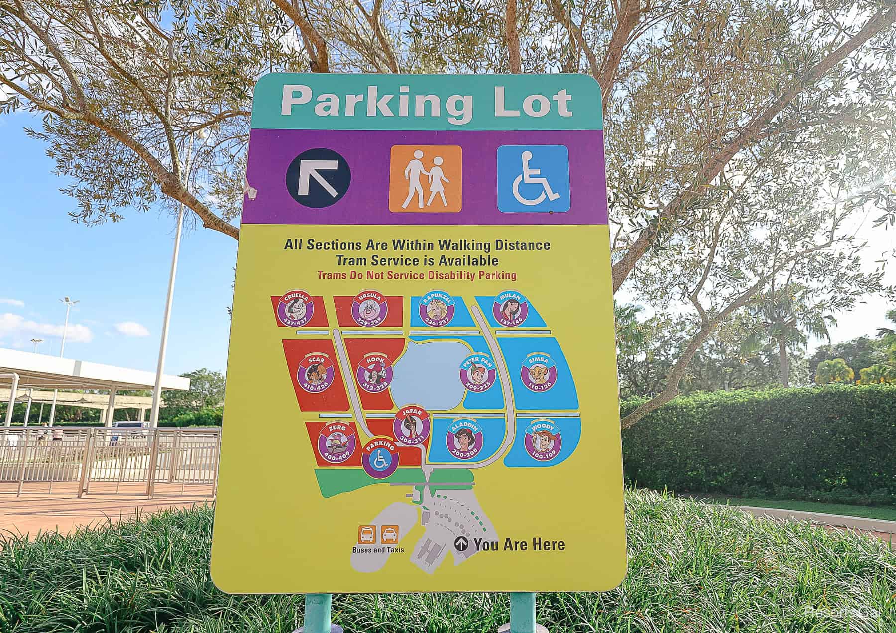 a parking lot sign for the trams at the Transportation and Ticket Center at Disney World 