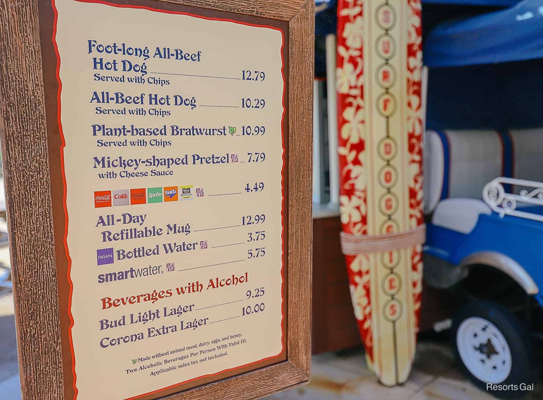 the menu board for Surf Doggies at Typhoon Lagoon 