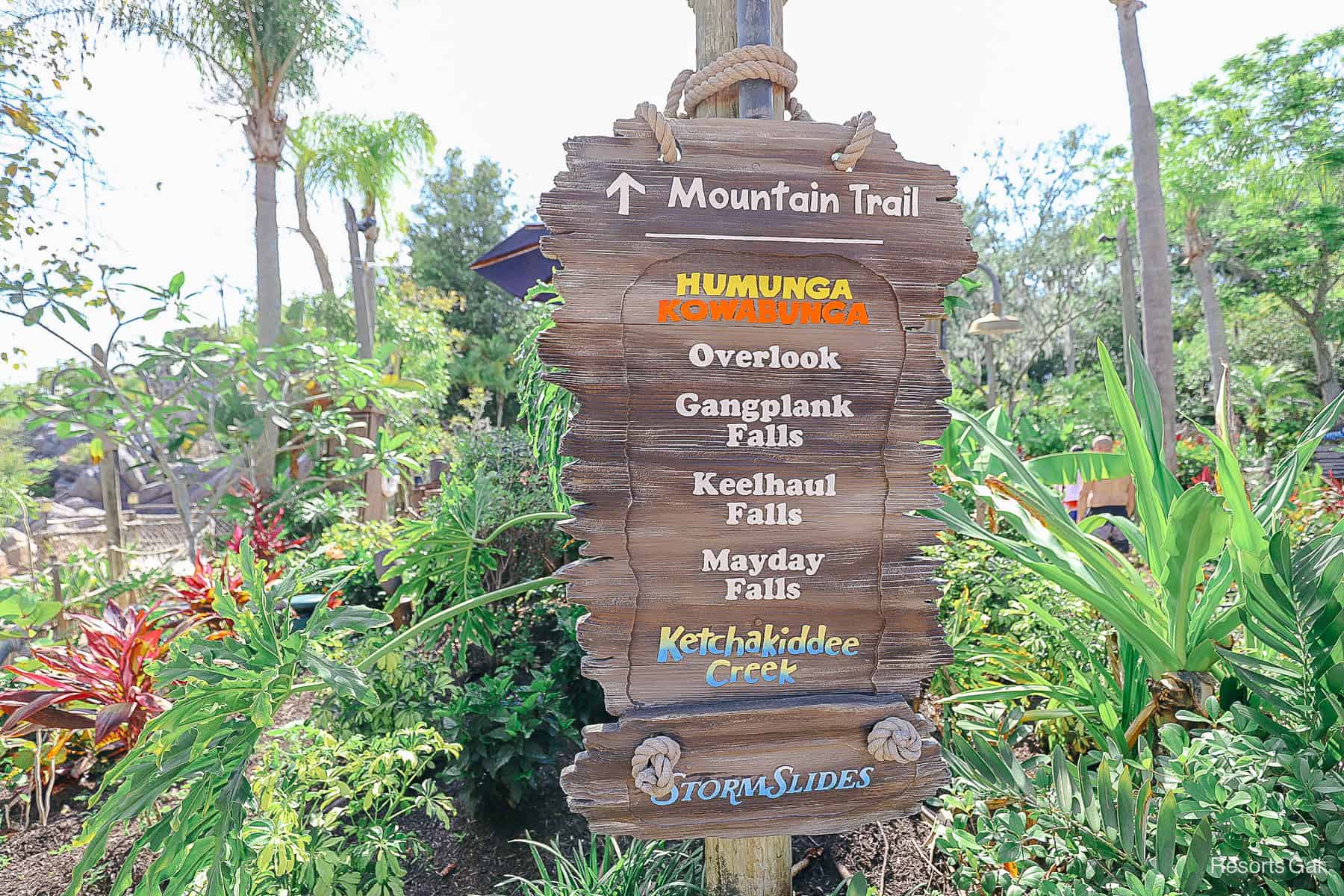 a sign that shows the opposite direction of the Mountain Trail and lists the attractions on that side 