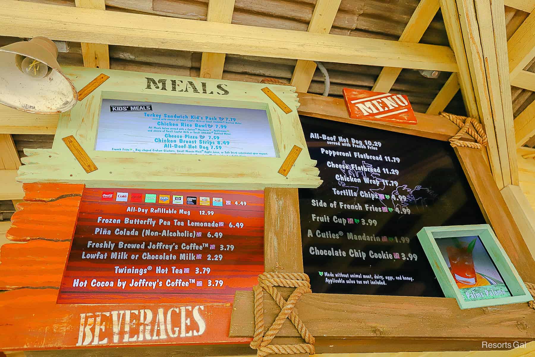 Leaning Palms Menu board with drinks and kids' meals