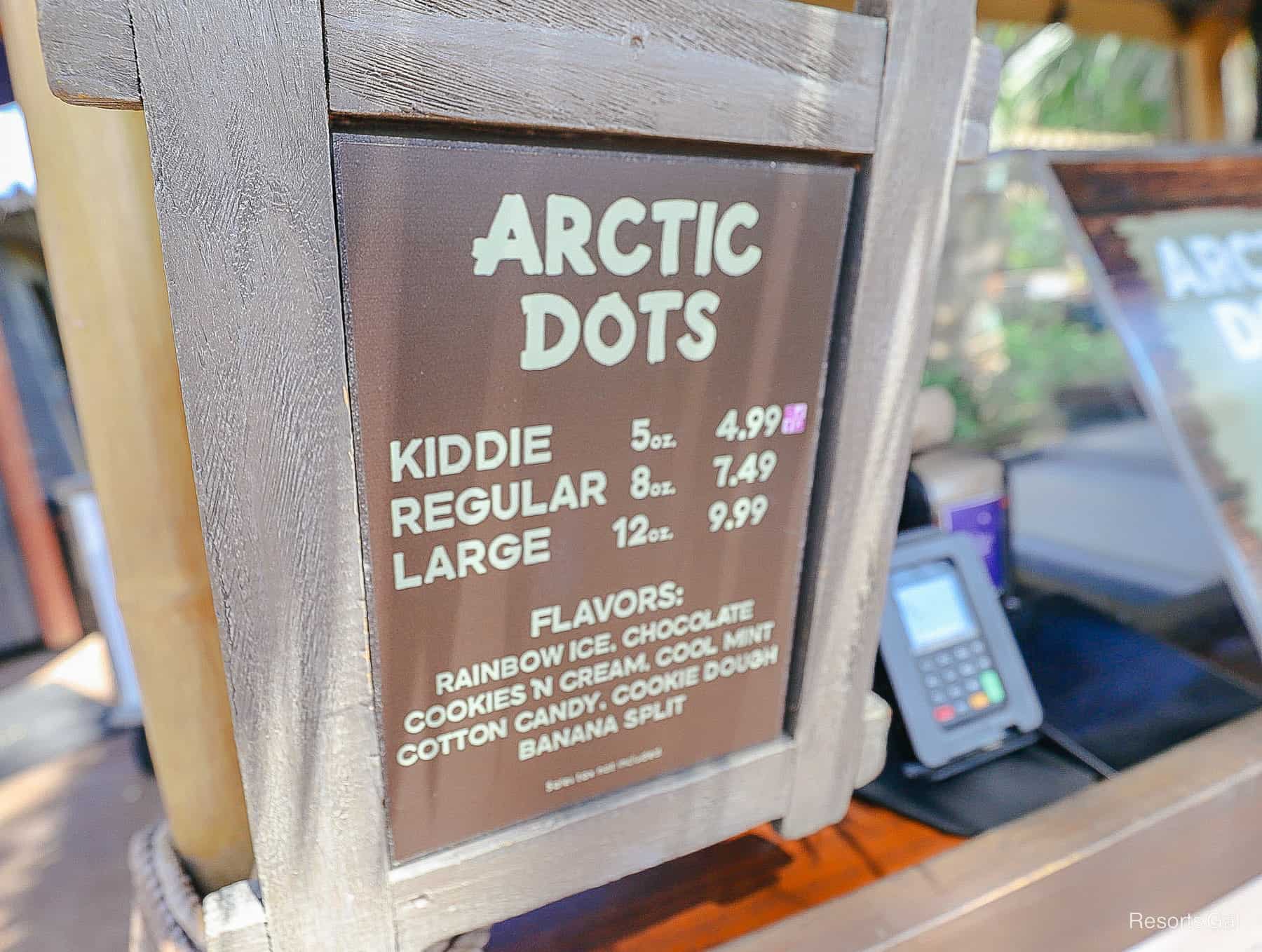 Pricing os Arctic Dots ice cream at Typhoon Lagoon 