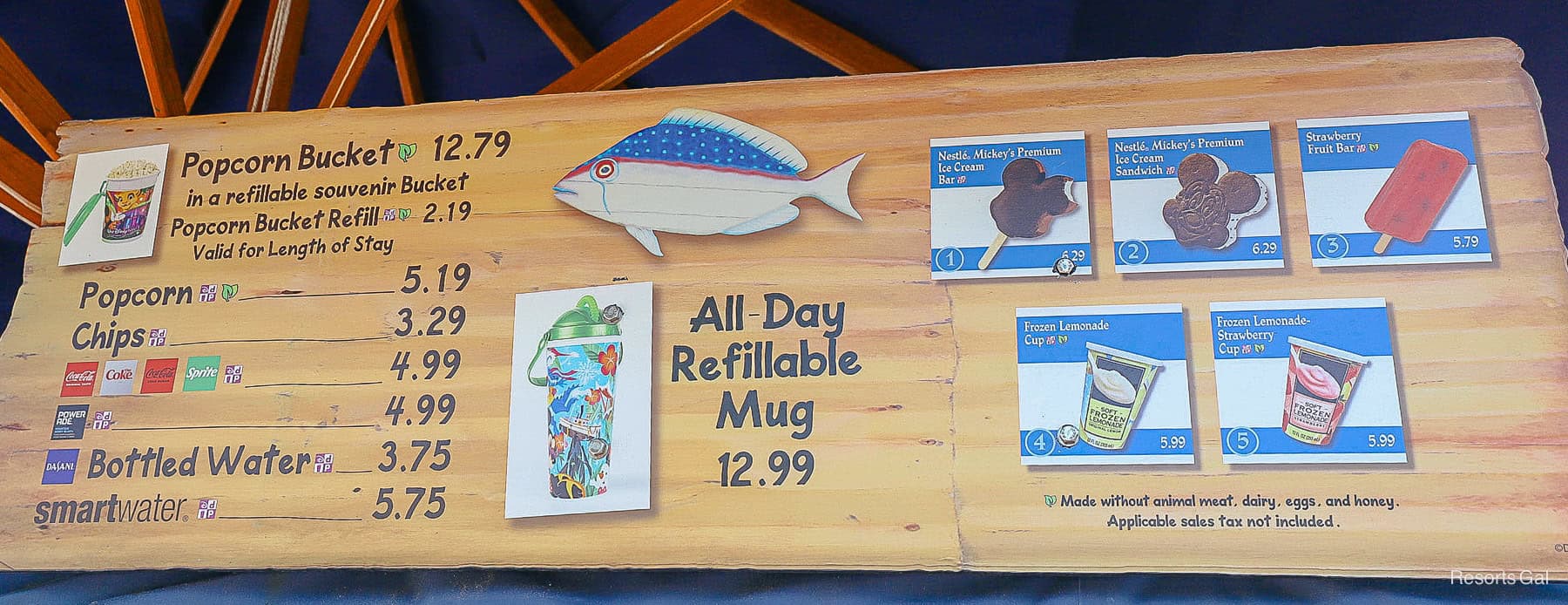 a snack and popcorn menu board at Disney's Typhoon Lagoon 