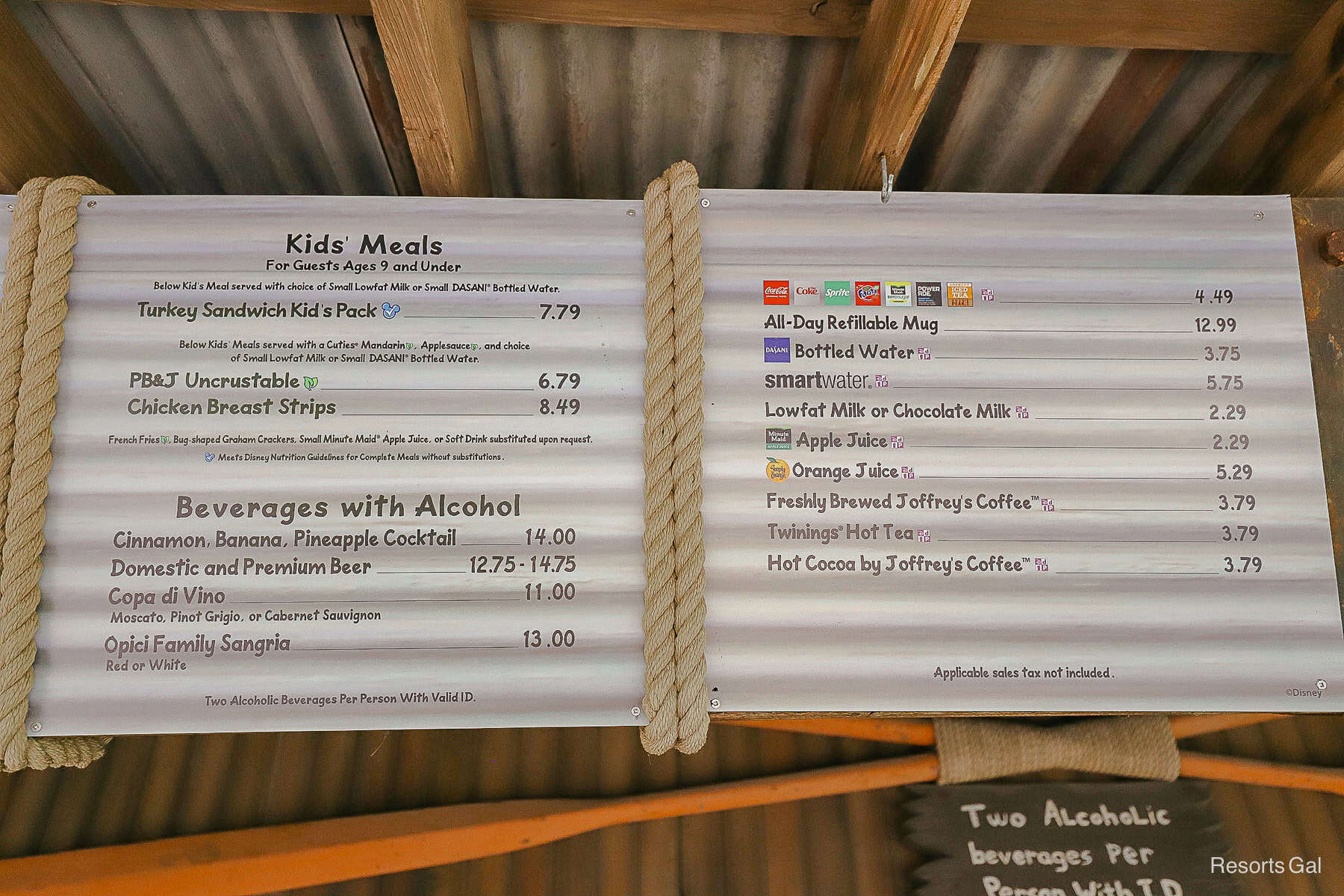 the kids' meal menu for Typhoon Tilly's 