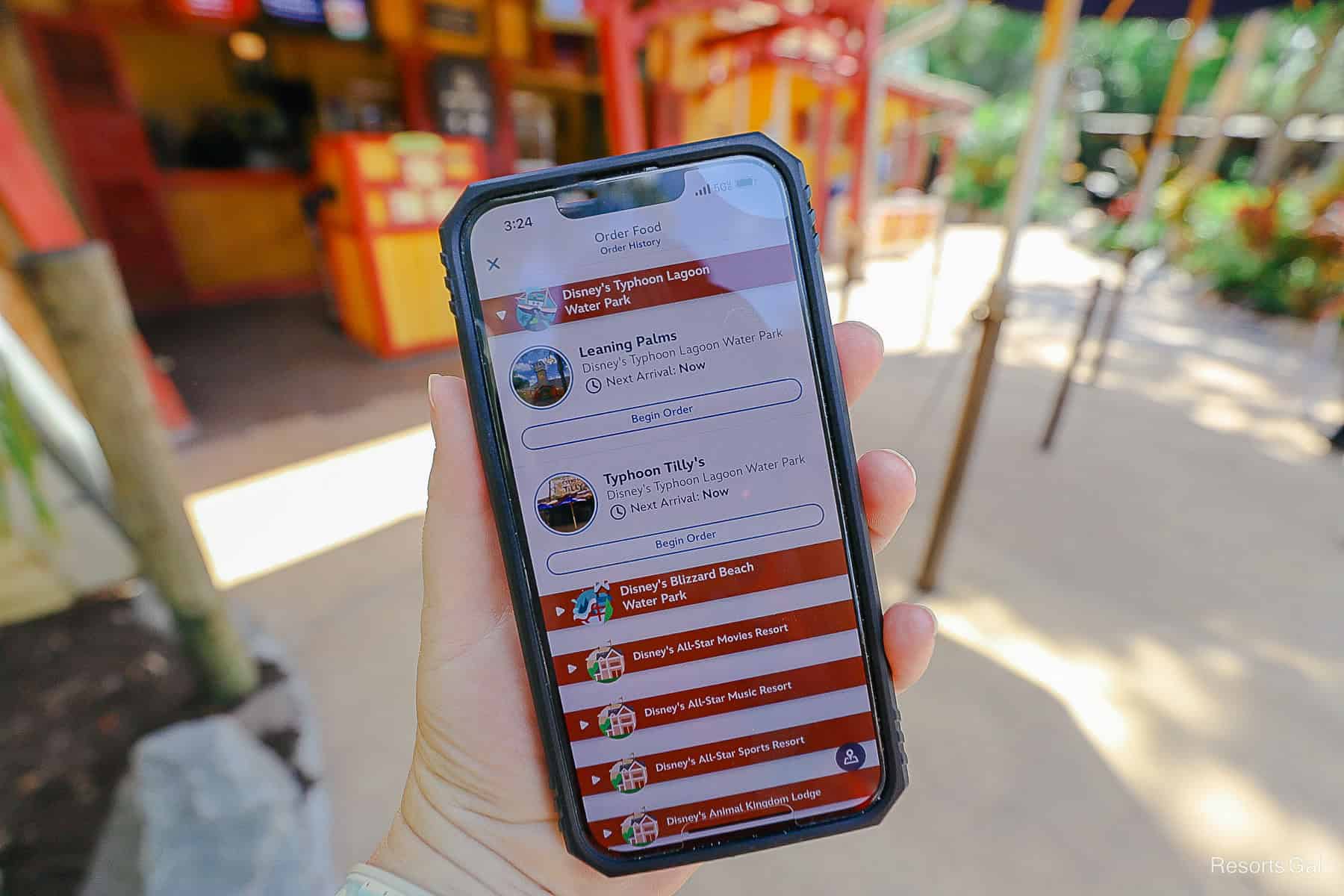 a cell phone screen with the mobile order options available at Typhoon Lagoon 