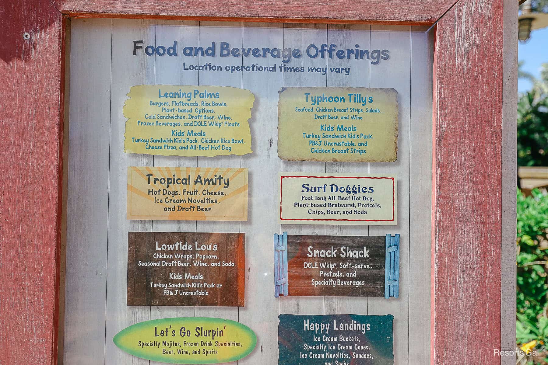 a list of the food and beverage options at Typhoon Lagoon in 2024 