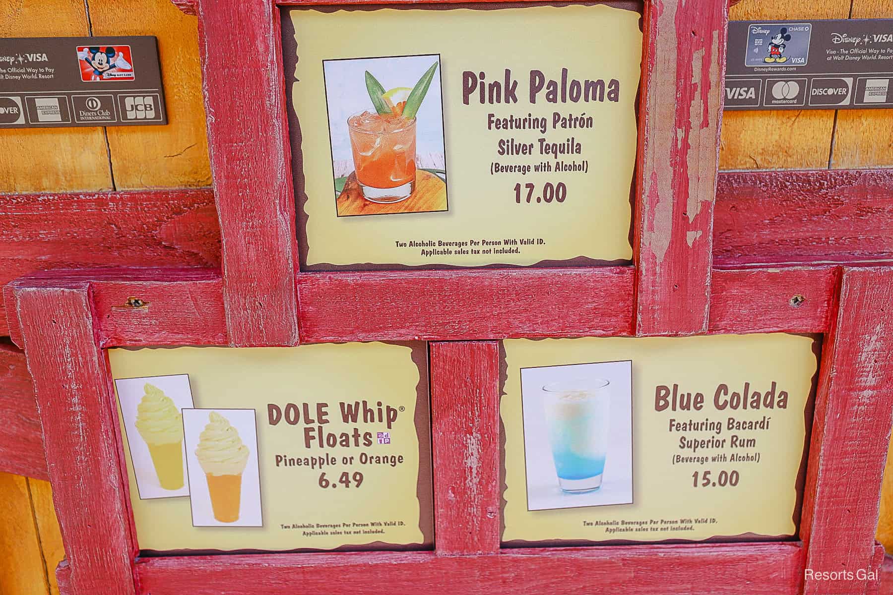 posted specialty drinks near the register of Leaning Palms at Typhoon Lagoon 