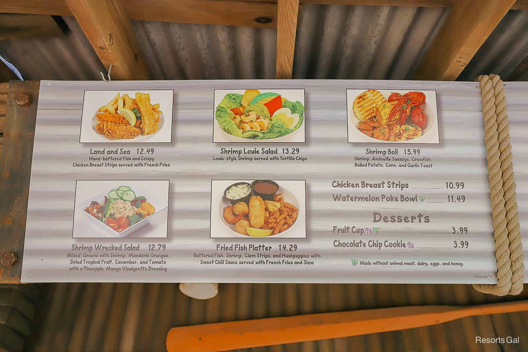 the menu board for Typhoon Tilly's restaurant at Typhoon Lagoon 