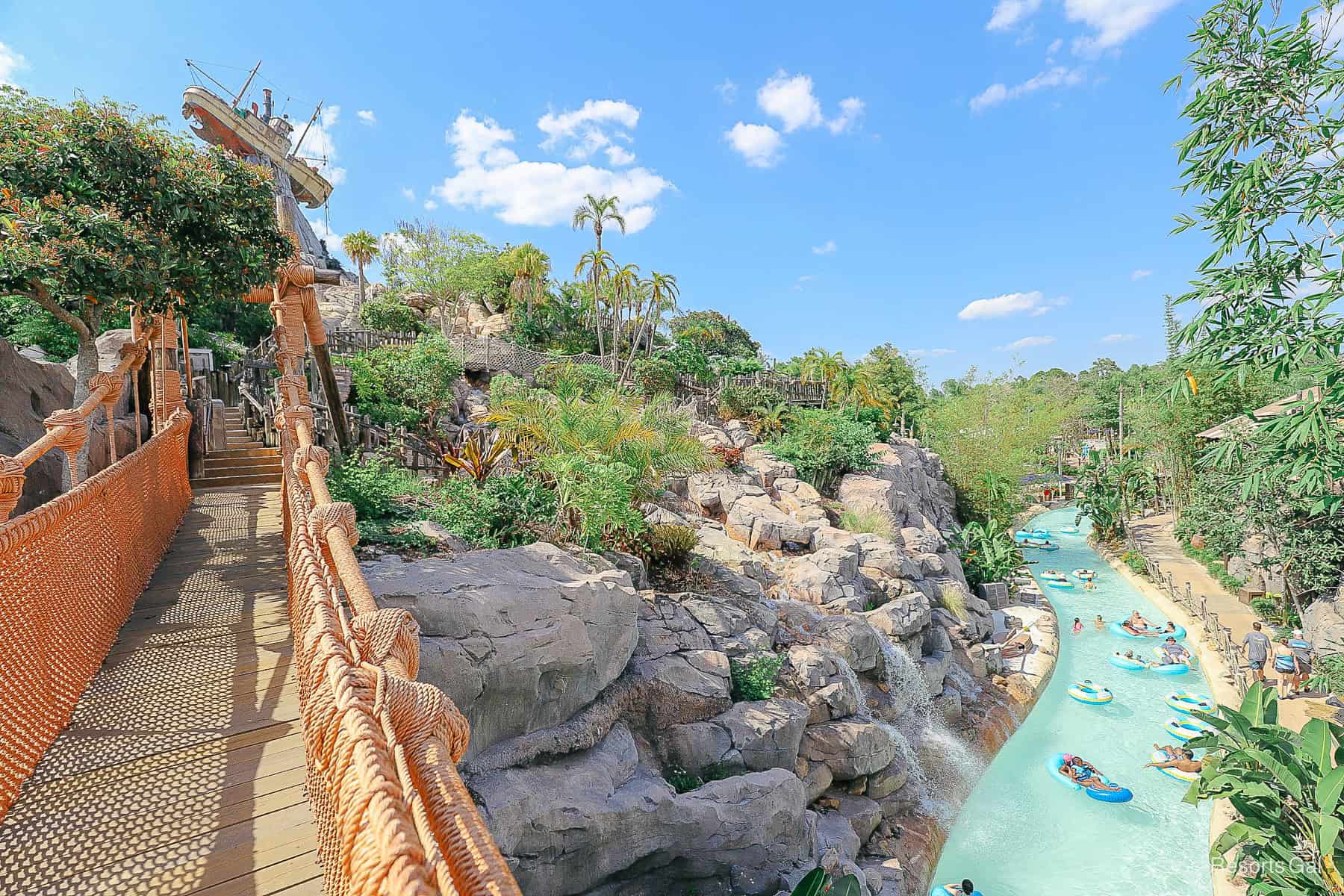 a view of Castaway Creek from the rope bridge on the Mountain Trail at Typhoon Lagoon 