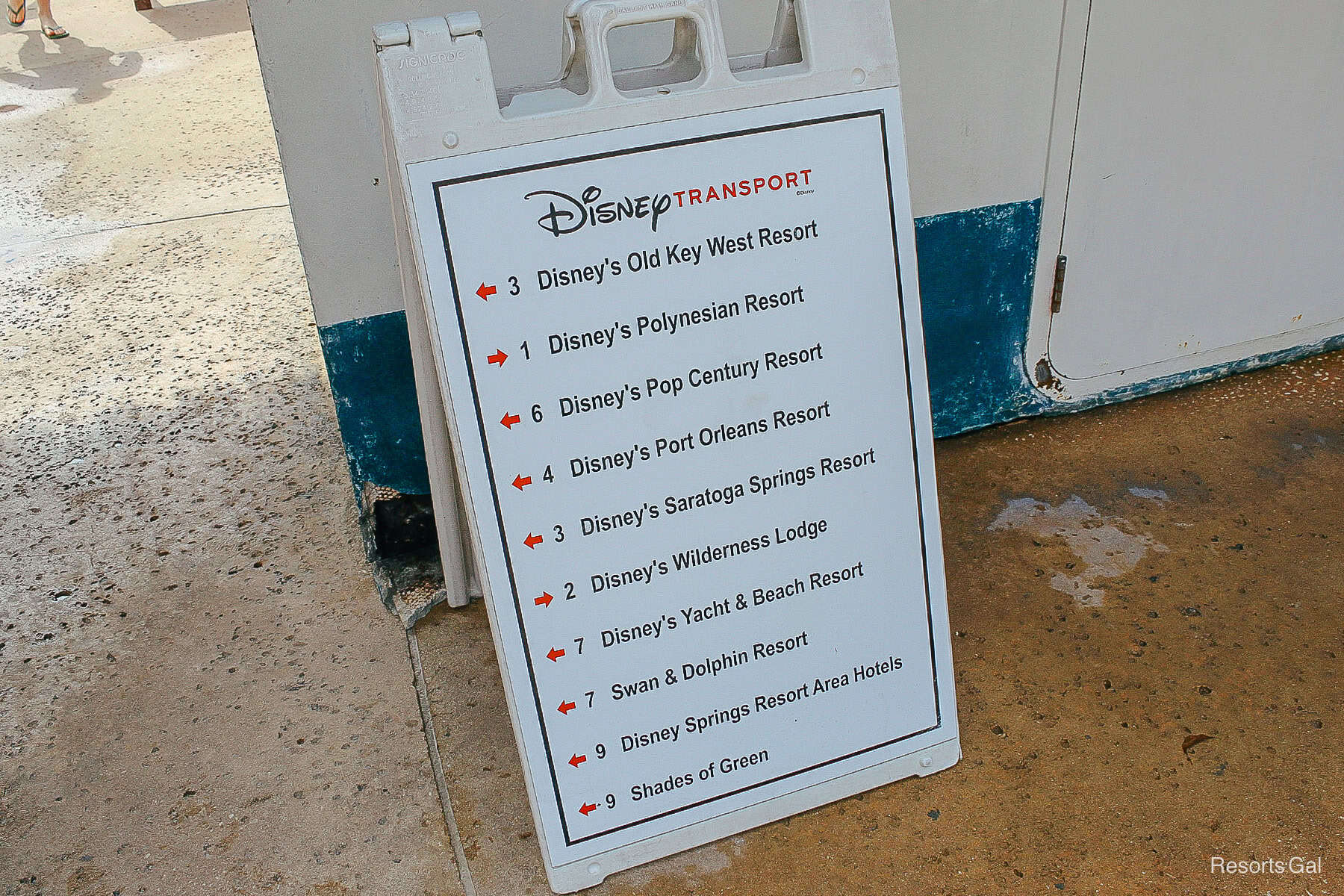 a bus transportation sign at Disney's Typhoon Lagoon with a list of the resorts 