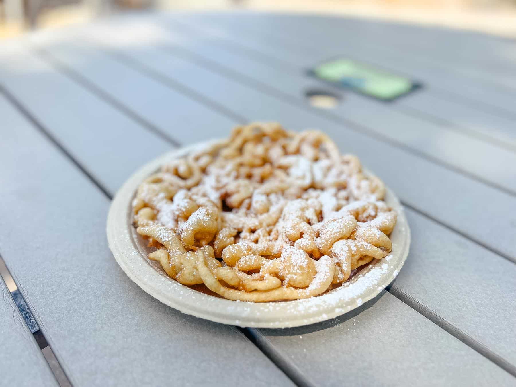 a funnel cake dusted with powdered sugar from Typhoon Lagoon 