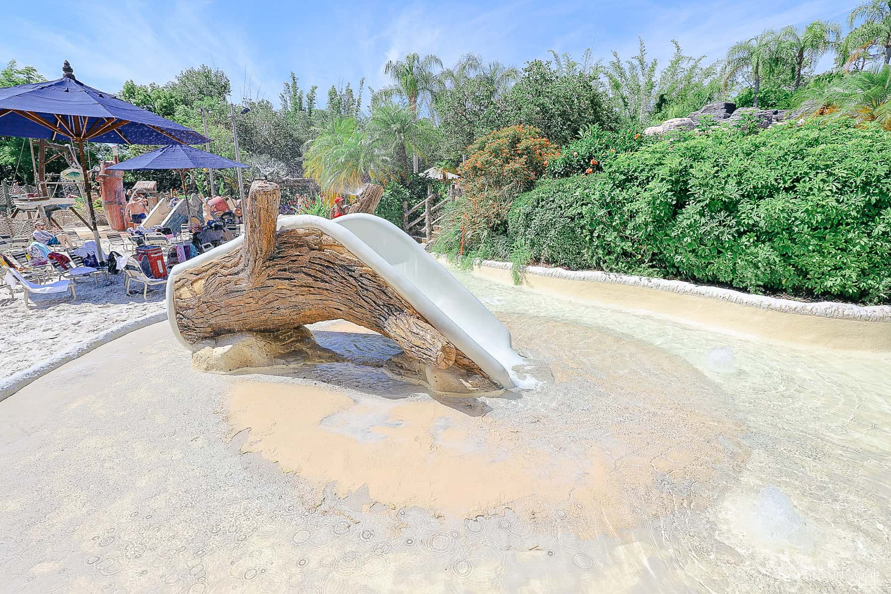 a slide for smaller children that let's out into a gentle wading area in what looks like driftwood 