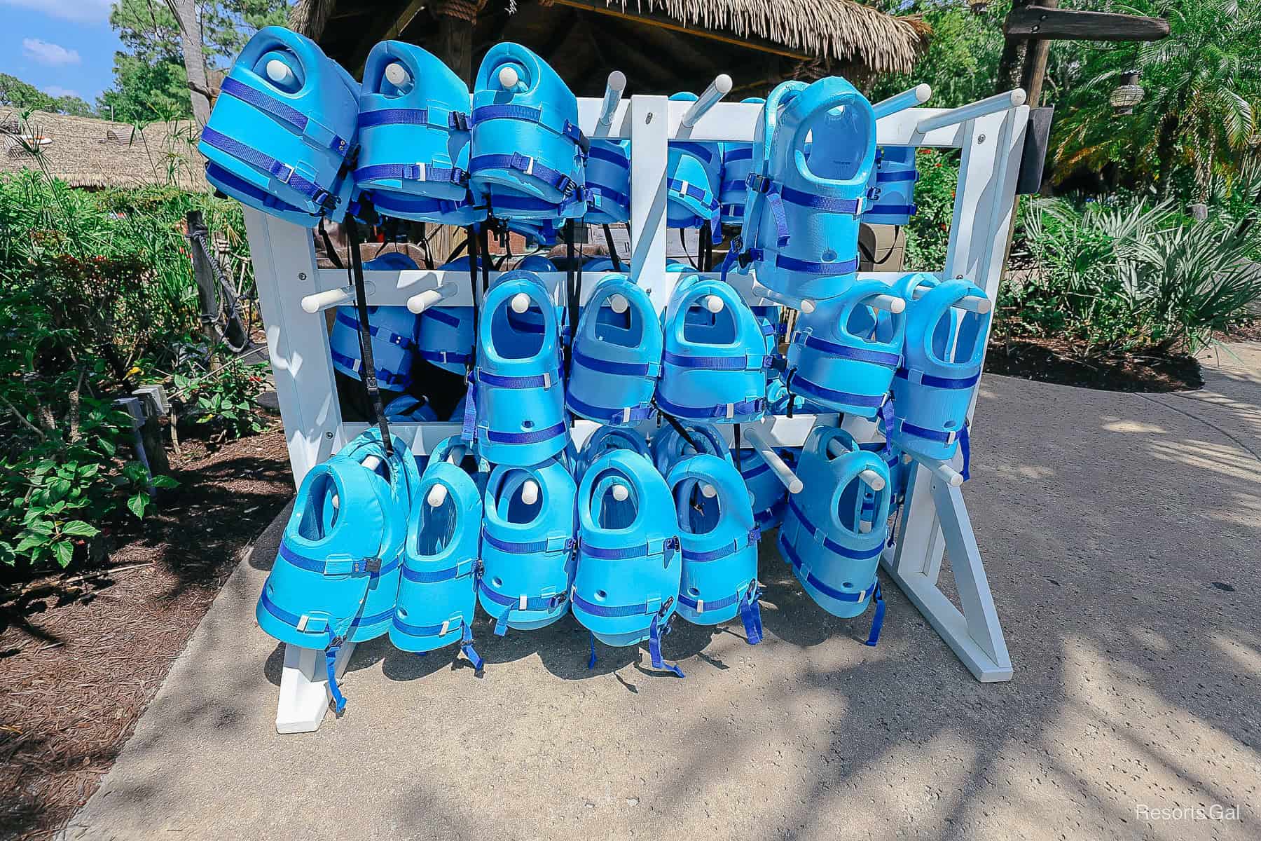 a stand with complimentary life jackets at Disney's Typhoon Lagoon 