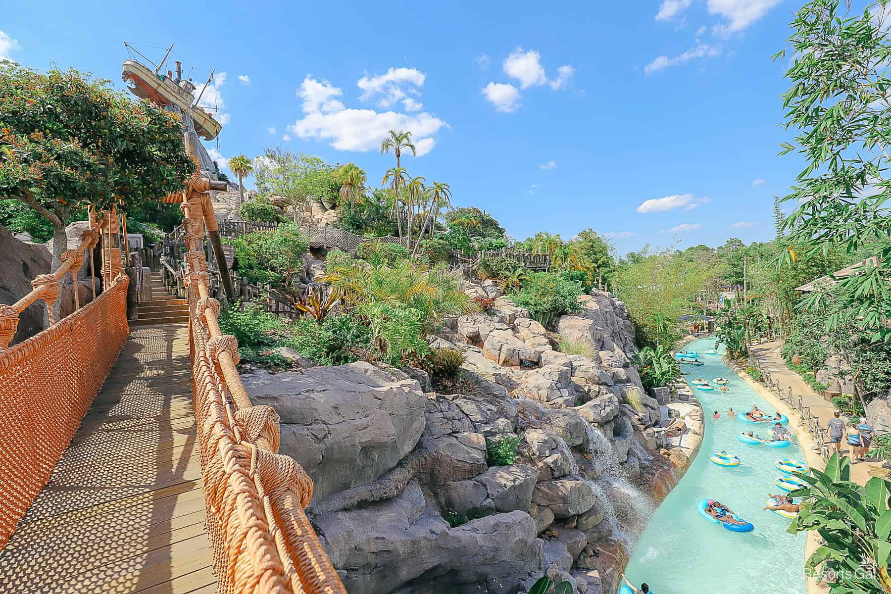 the bridge leading up Mount Mayday with the lazy river to the side at Disney's Typhoon Lagoon 