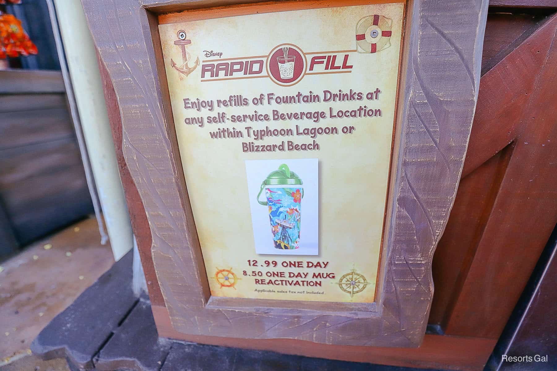 signage that advertises how Rapid Fill mugs work at Typhoon Lagoon and the price 