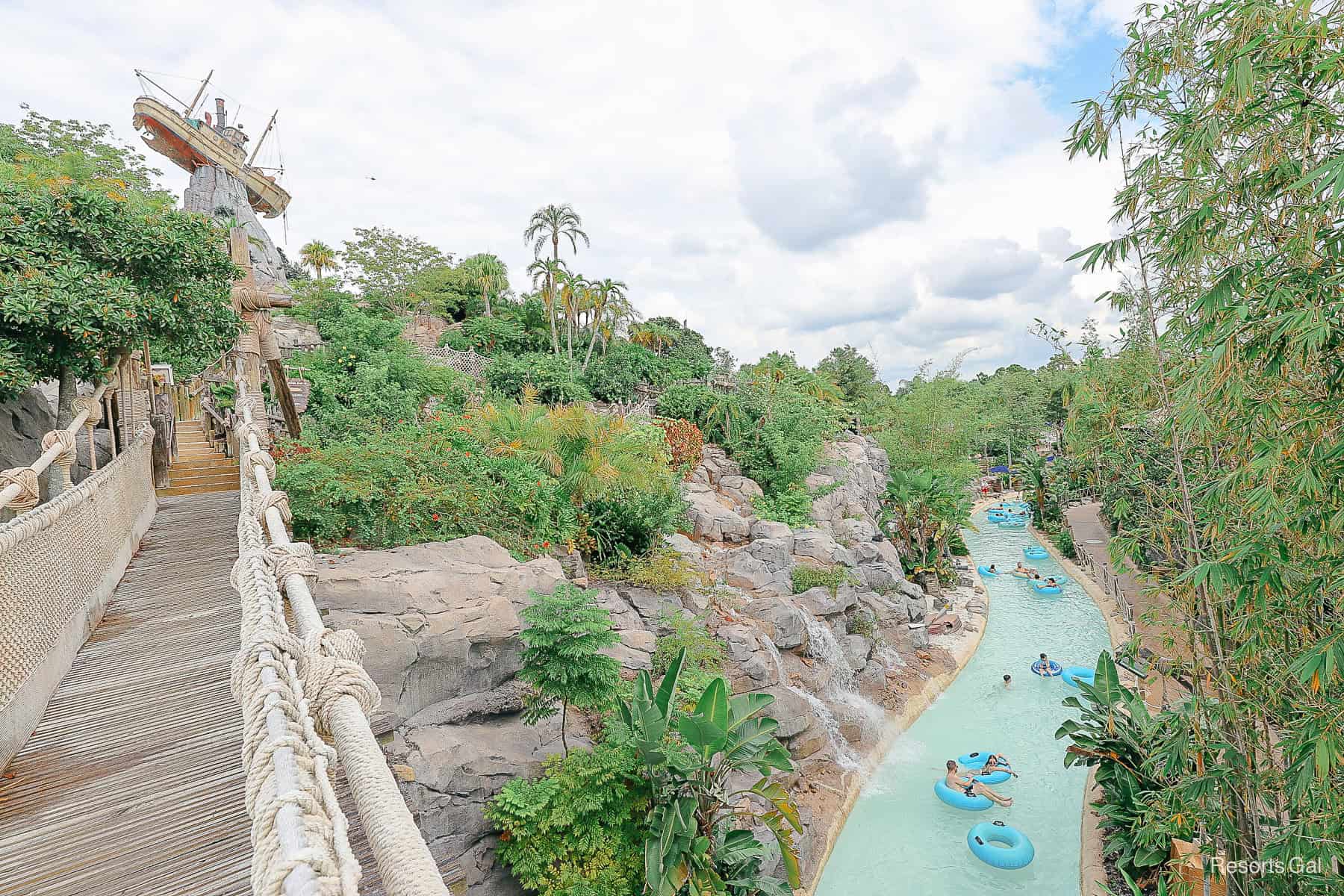 the rope bridge and waterfall cascades into Castaway Creek 