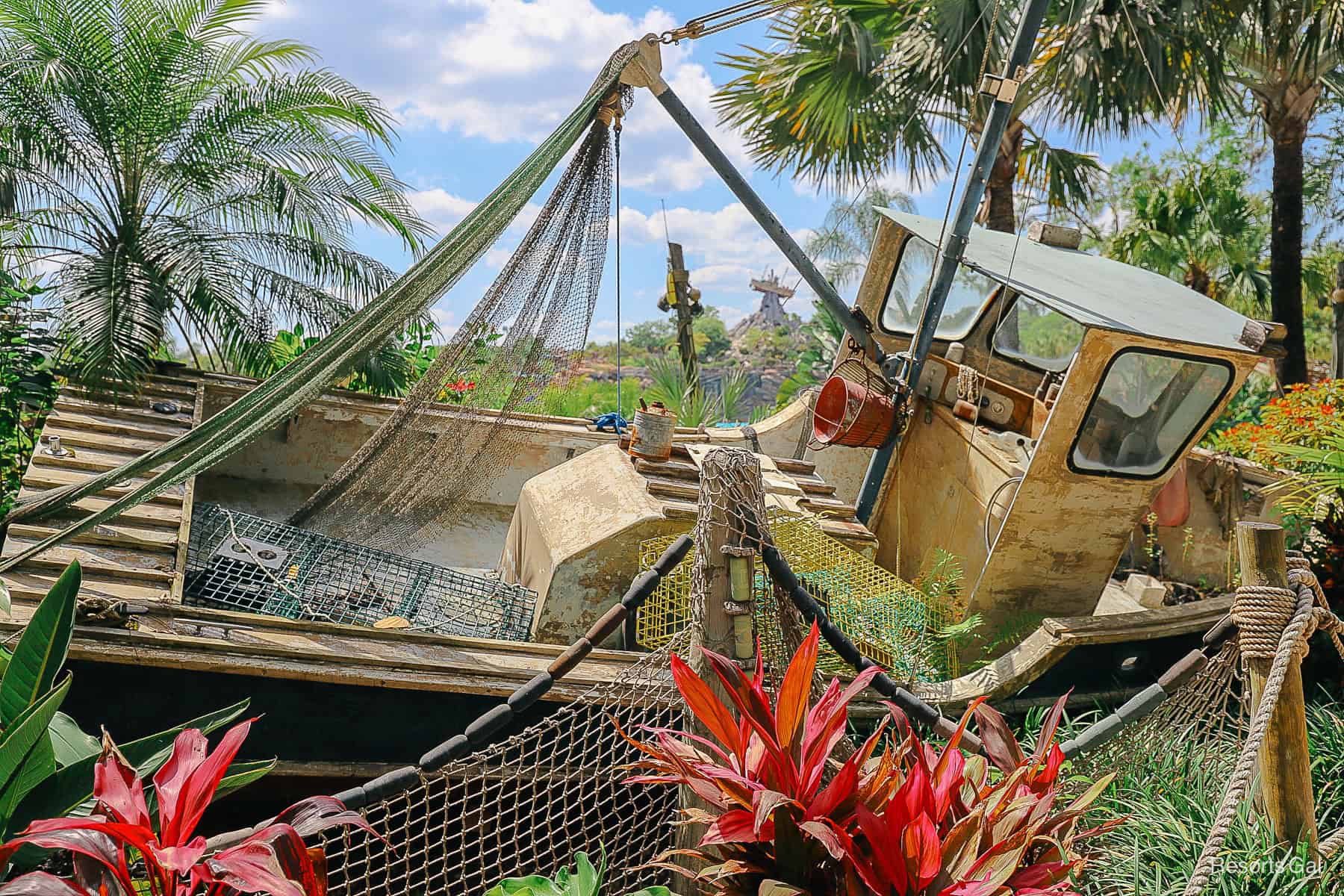 an abandoned boat that's part of the theming of Typhoon Lagoon 