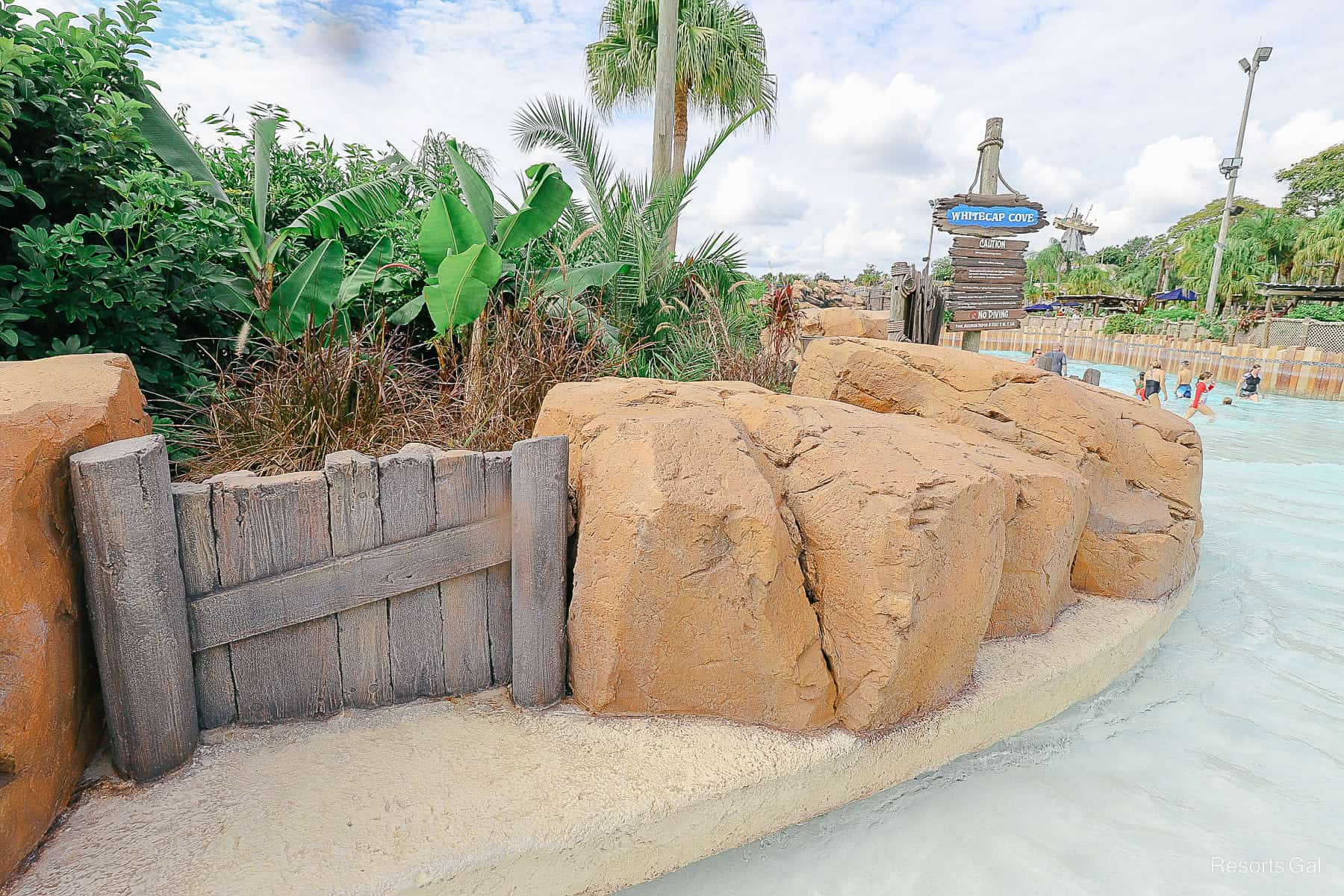 built-in bench for guests to sit in the wave pool 