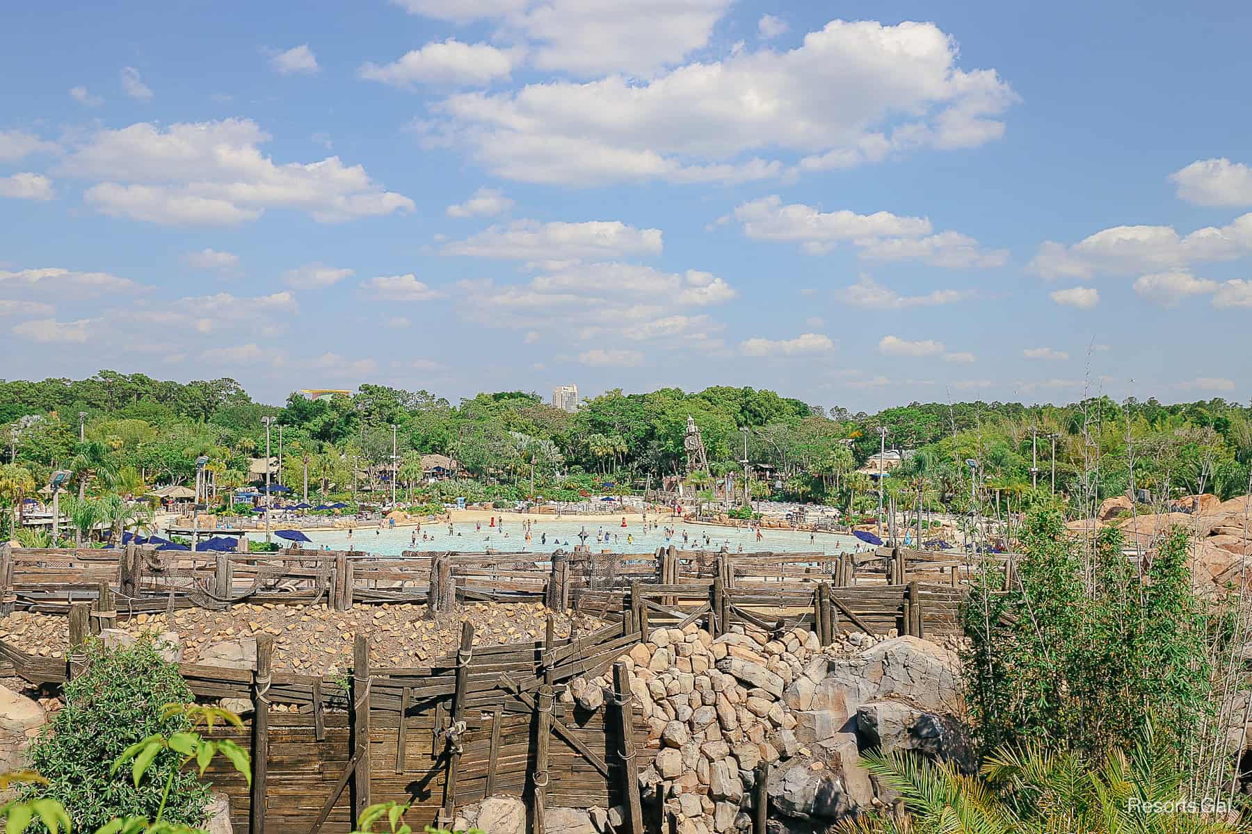 a view of the Surf Pool from the Mountain Trail at Typhoon Lagoon 