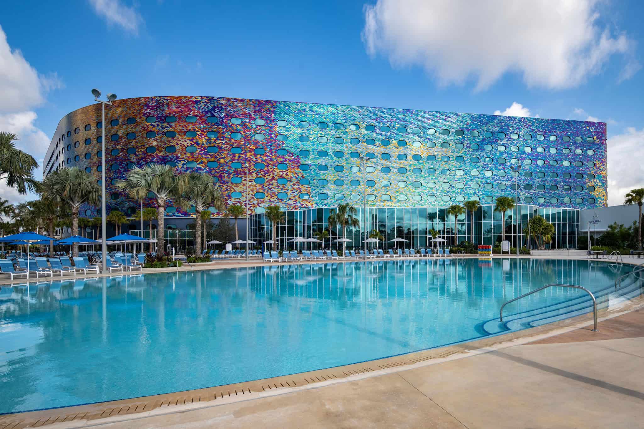 swimming pool with Stella Nova Resort at Universal Orlando Resort in backdrop 