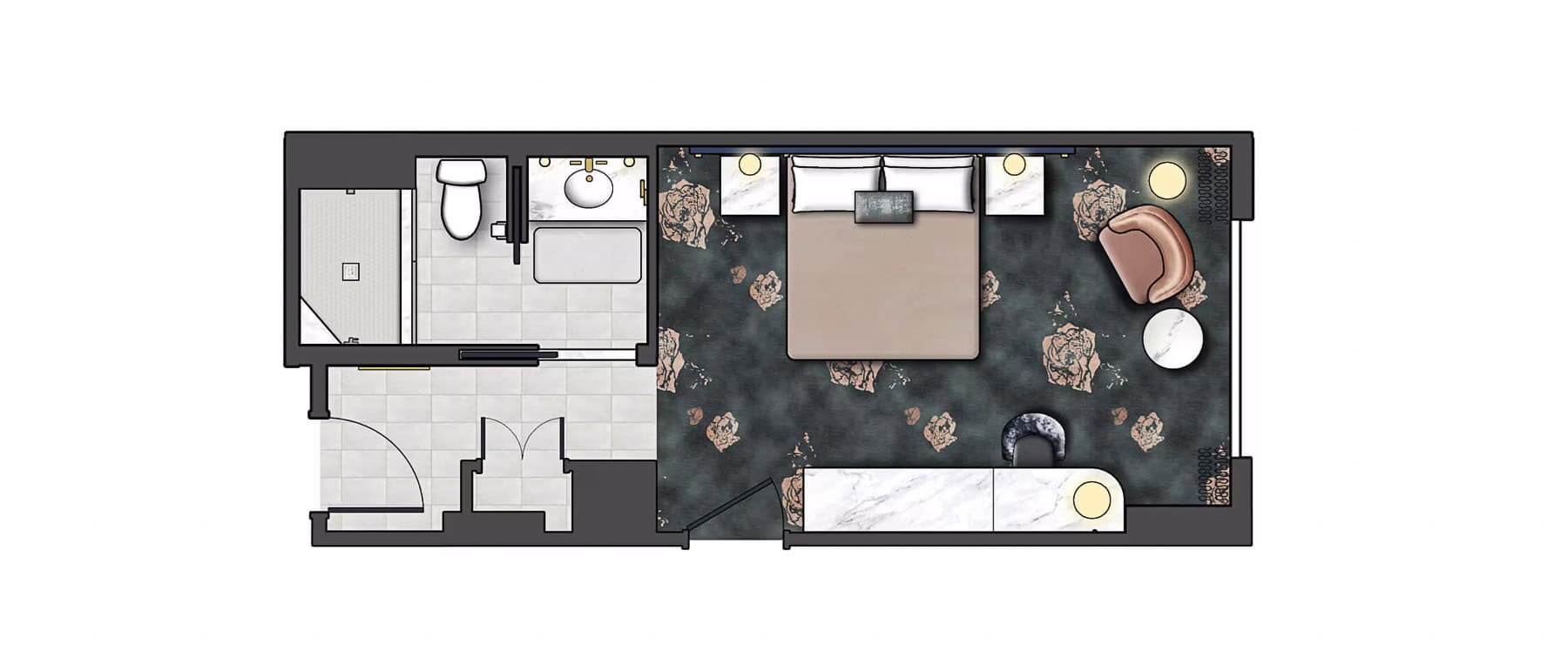 Floor Plan of a Standard Room with a King Bed at Loews Helios Hotel at Universal Hotel 