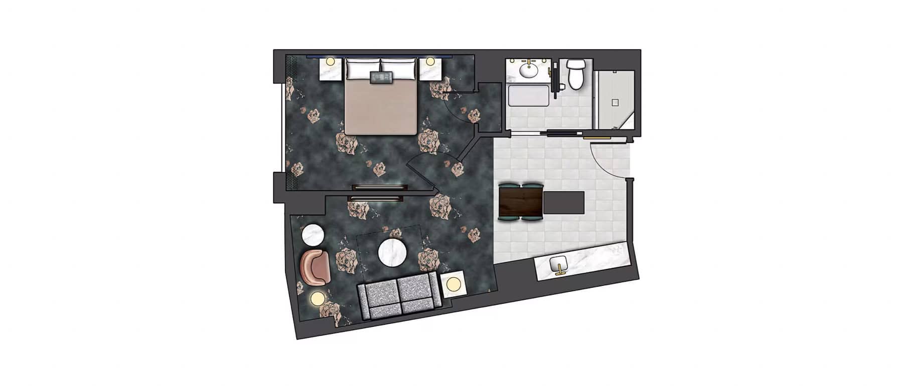 Floor Plan of a King Suite at Universal Orlando Helios Hotel by Loews 