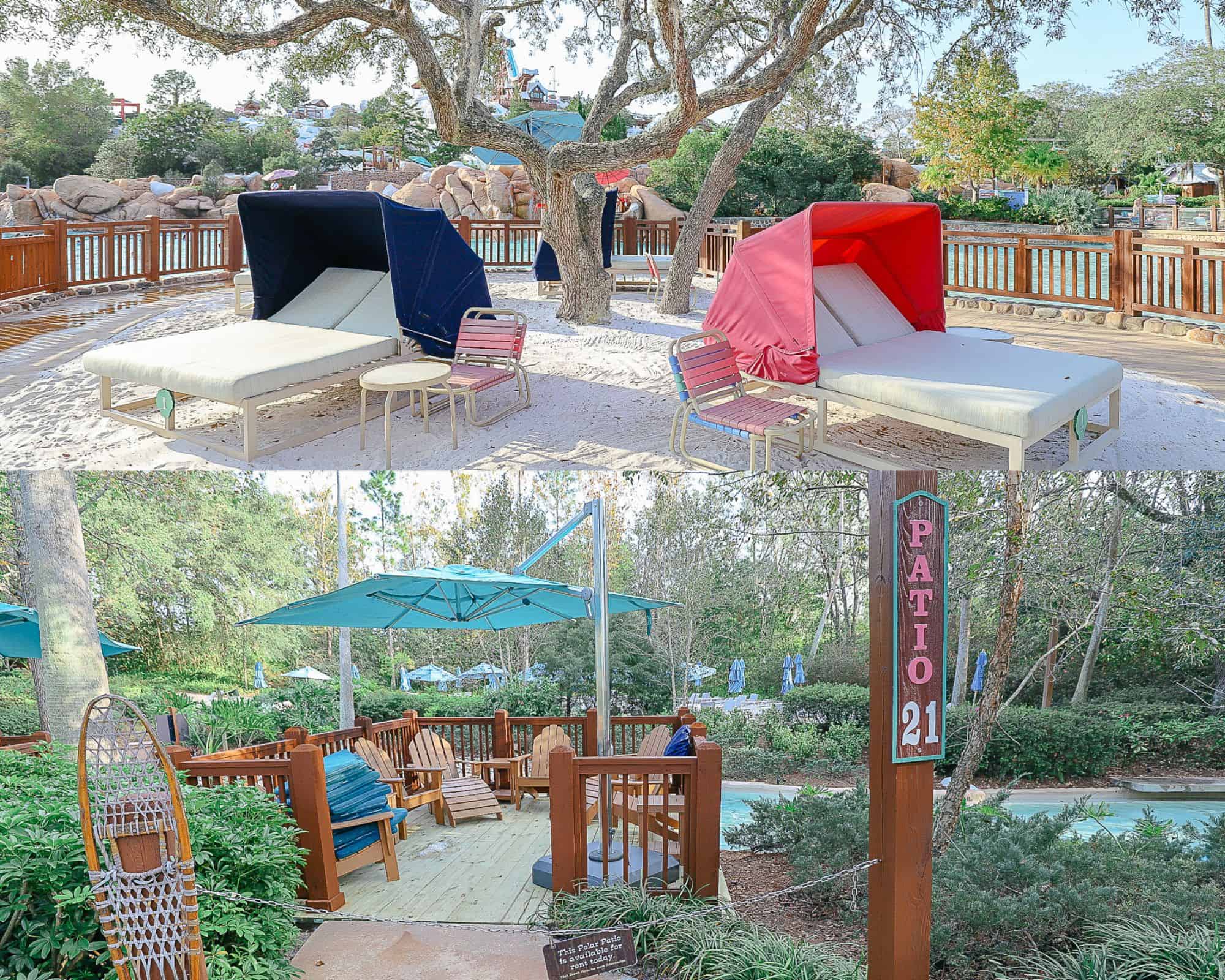 collage photo of the Polar Patios and Lodge Umbrellas at Blizzard Beach