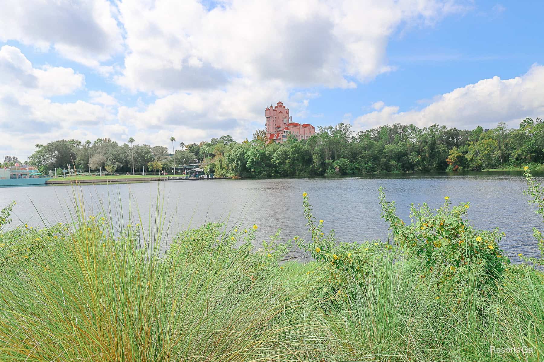 a view of the Tower of Terror as you approach Hollywood Studios on the walking path 