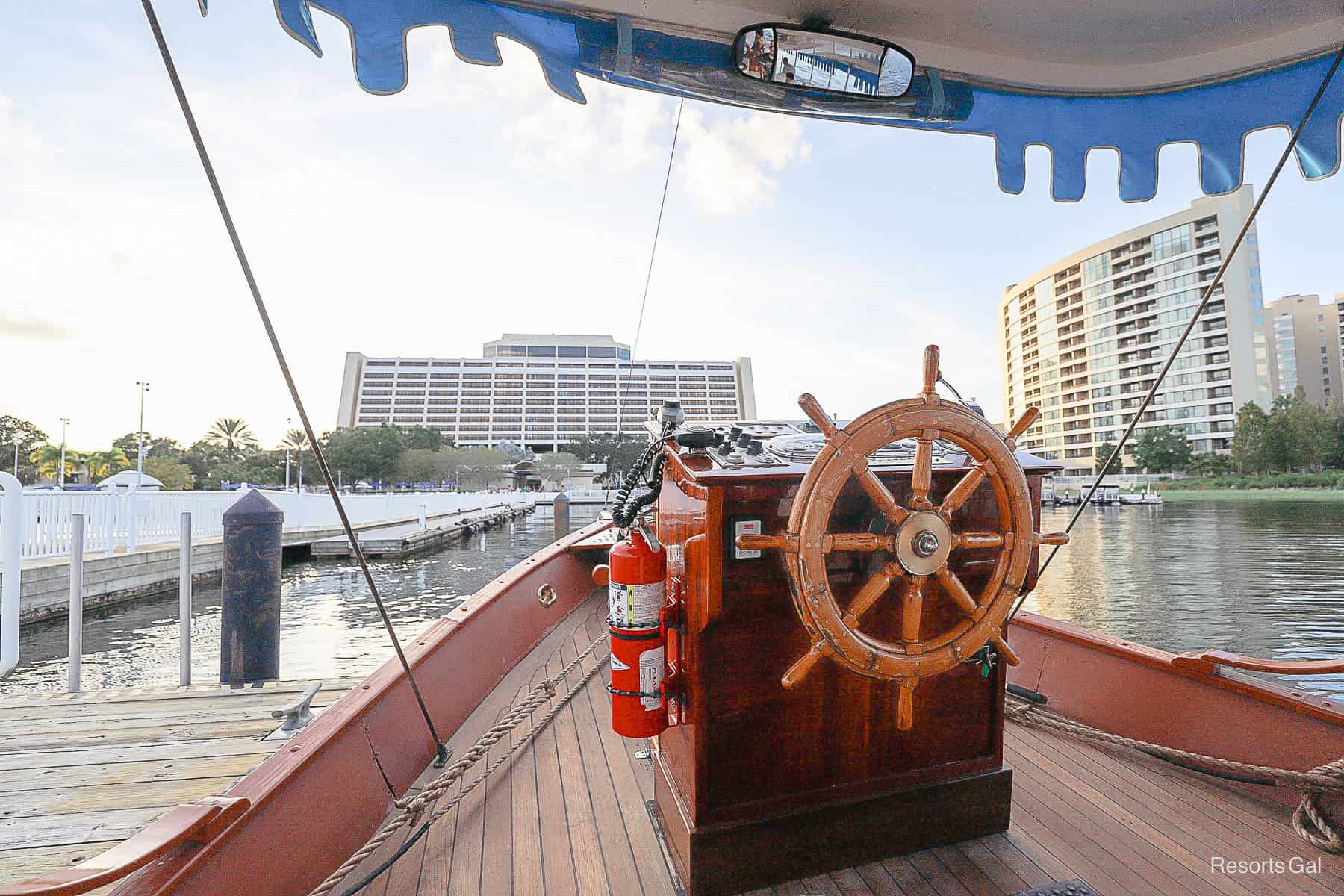 a view of Disney's Contemporary and Bay Lake Tower from a watercraft at Disney World 