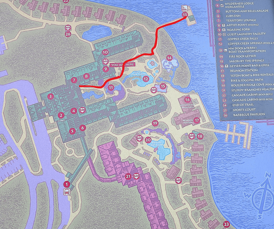 map that shows the route between the Wilderness Lodge lobby and boat dock