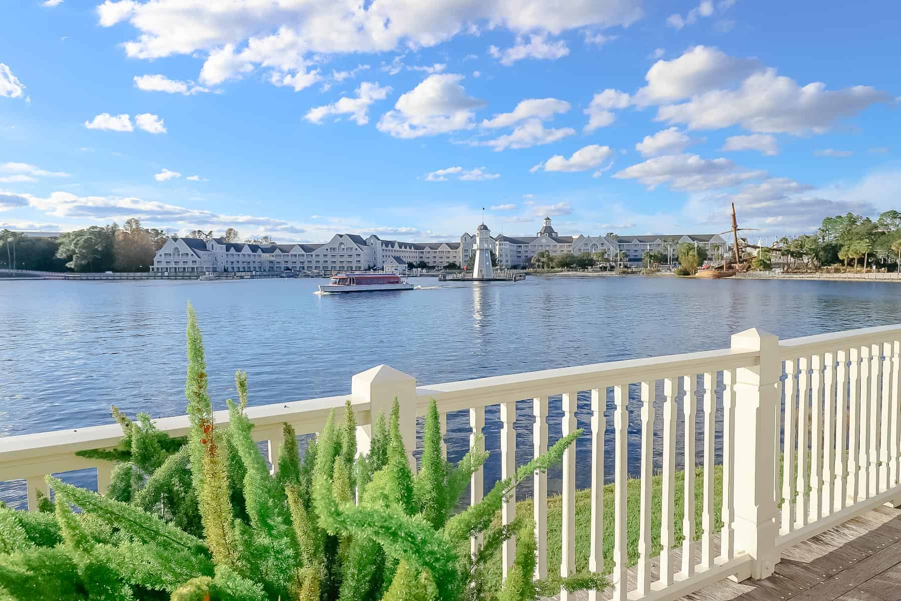 a scenic view of how Disney's Yacht Club sits on the lake 