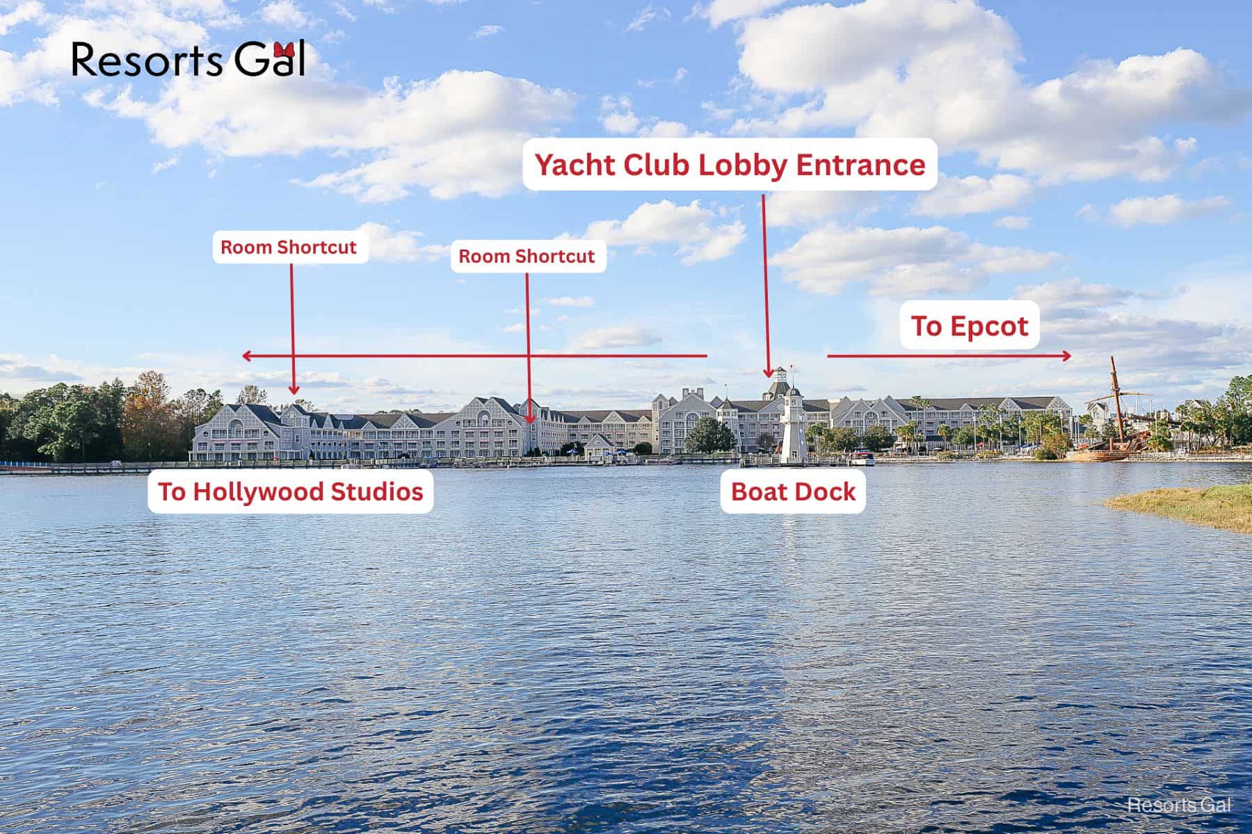 infographic that highlights were to find the shortcut to rooms at Disney's Yacht Club 